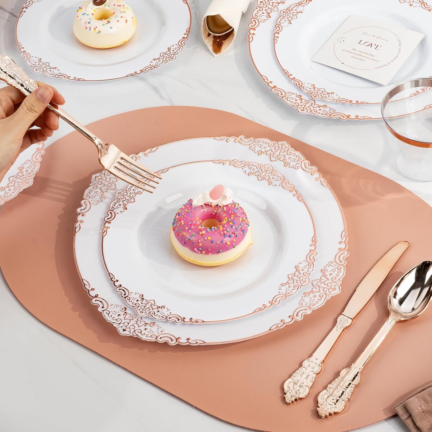 175PCS Rose Gold Plastic Plates for 25 Guests, Disposable Dinnerware Sets Include 50 Rose Gold Rim Plastic Plates, 25 Silverwares and 25 Cups, 25 Pre Rolled Napkins for Party, Graduation