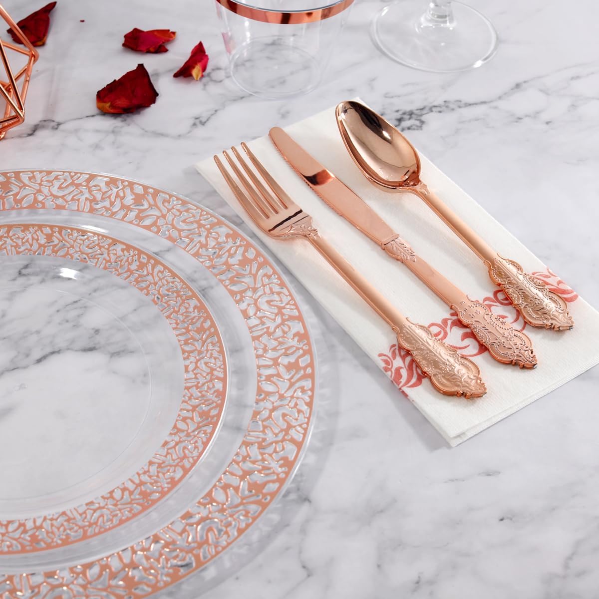 I00000 50 Guests Clear Rose Gold Plastic Plates - Disposable Dinnerware Set Includes: 100 Clear Rose Gold Plastic Plates, 150 Silverware, 50 Napkins, 50 Cups Perfect for Party & Wedding