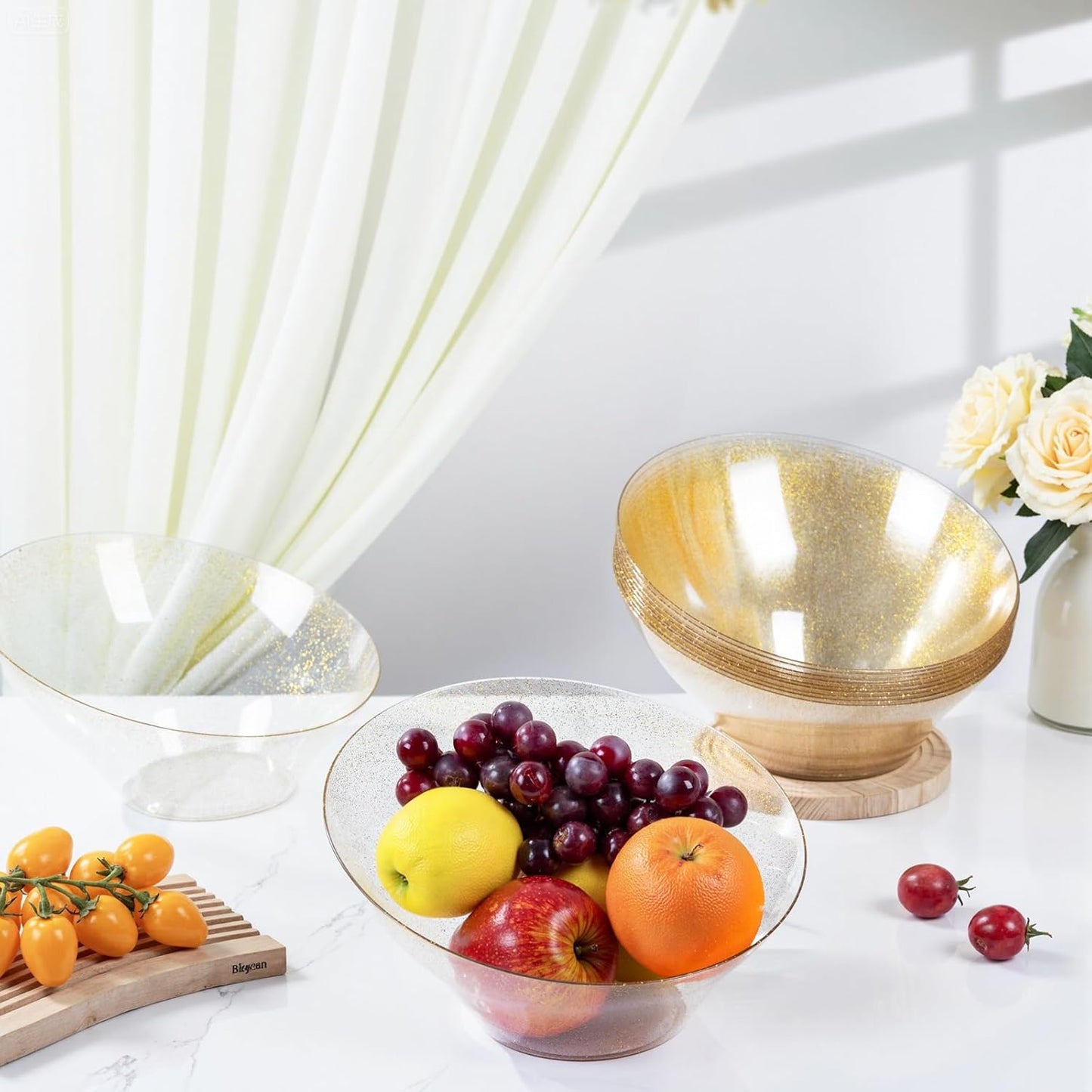 bUCLA 12 Pack Gold Glitter Plastic Serving Bowls - 54 OZ Angled Serving Bowls Disposable for Chip,Candy, Snack,Salad & Fruit - Ideal for Party, Wedding & Thanksgiving