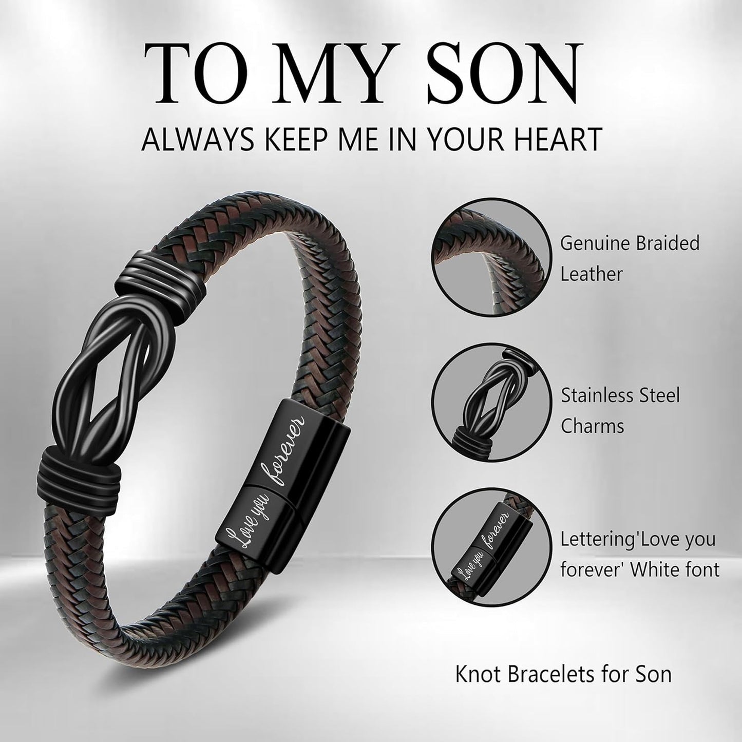 𝗞𝗻𝗼𝘁 𝗕𝗿𝗮𝗰𝗲𝗹𝗲𝘁 𝗚𝗶𝗳𝘁𝘀 𝗳𝗼𝗿 𝗠𝗲𝗻 Brown Braided Leather Stainless Steel Infinity Bracelets Lettering Love You Forever Gifts for Son Grandson Husband Boyfriend Brother Always Linked Together