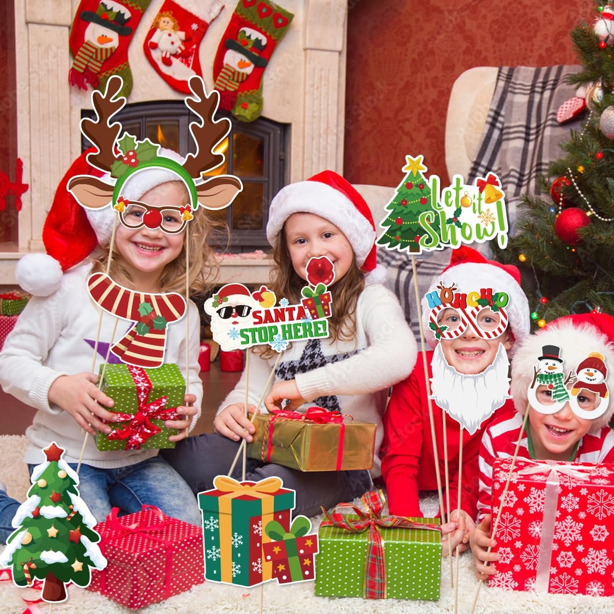 Christmas Photo Booth Props, 31Pcs Christmas Party Photo Shoot Props for Kids Adults for Xmas Holiday Party Photobooth Props Supplies