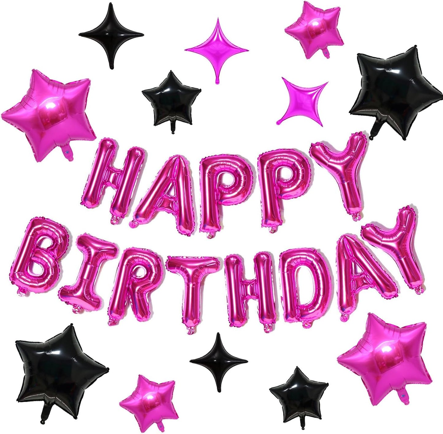 KALOR Hot Pink and Black Happy Birthday Balloons Kit with16 Inch Mylar Foil Letters Balloon and Star Balloons for Women, Men, Boys & Girls Kids Birthday Decorations Photo Backdrop