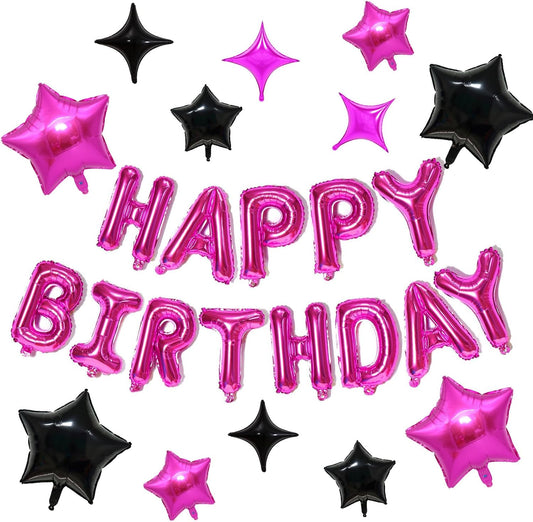 KALOR Hot Pink and Black Happy Birthday Balloons Kit with16 Inch Mylar Foil Letters Balloon and Star Balloons for Women, Men, Boys & Girls Kids Birthday Decorations Photo Backdrop