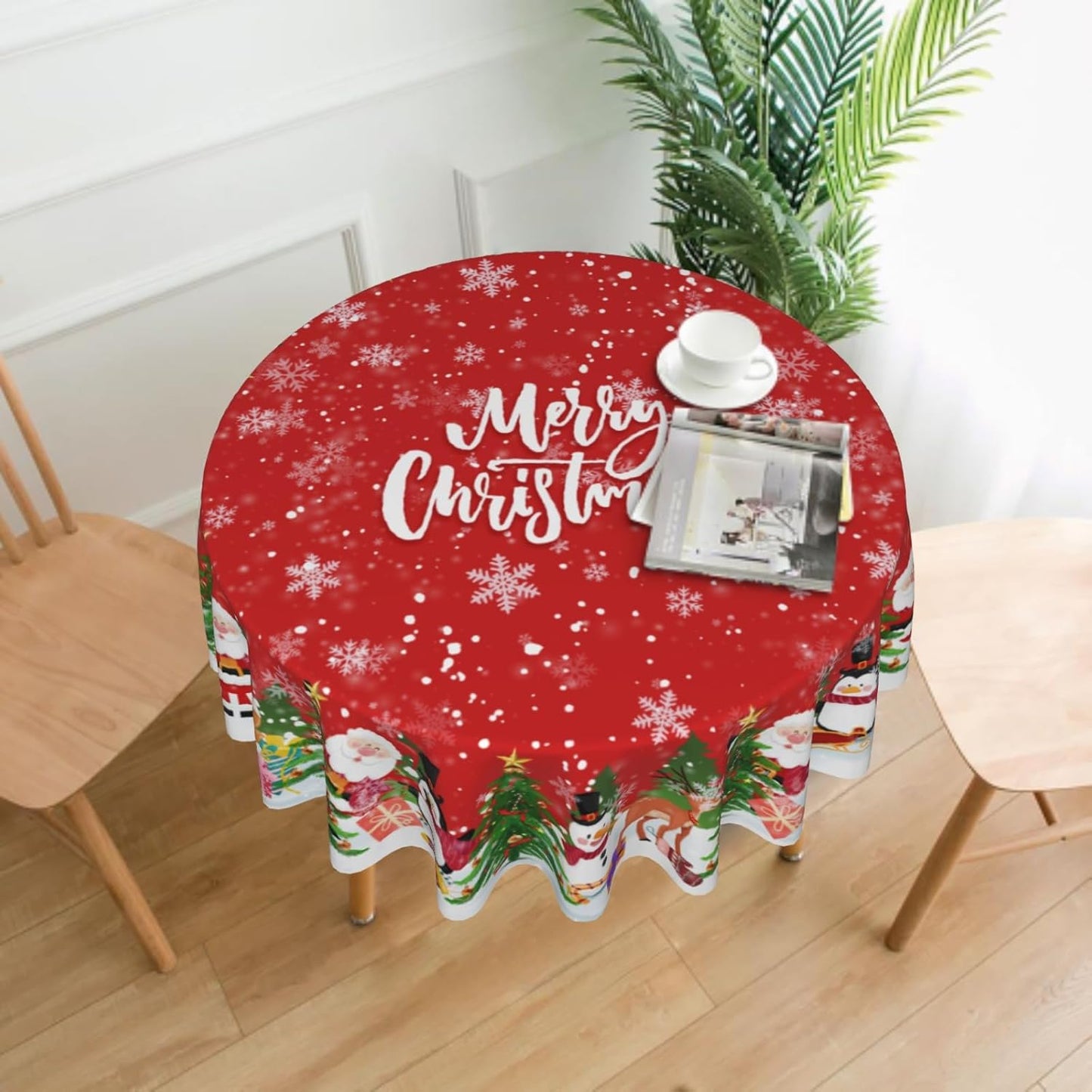 Giwawa Merry Christmas Round Tablecloth 60 Inch Funny Santa Snowman Reindeer Table Cloth for Kitchen Dining Xmas Trees Winter Snowflakes Polyester Table Cover for Holiday New Year Picnic Decor