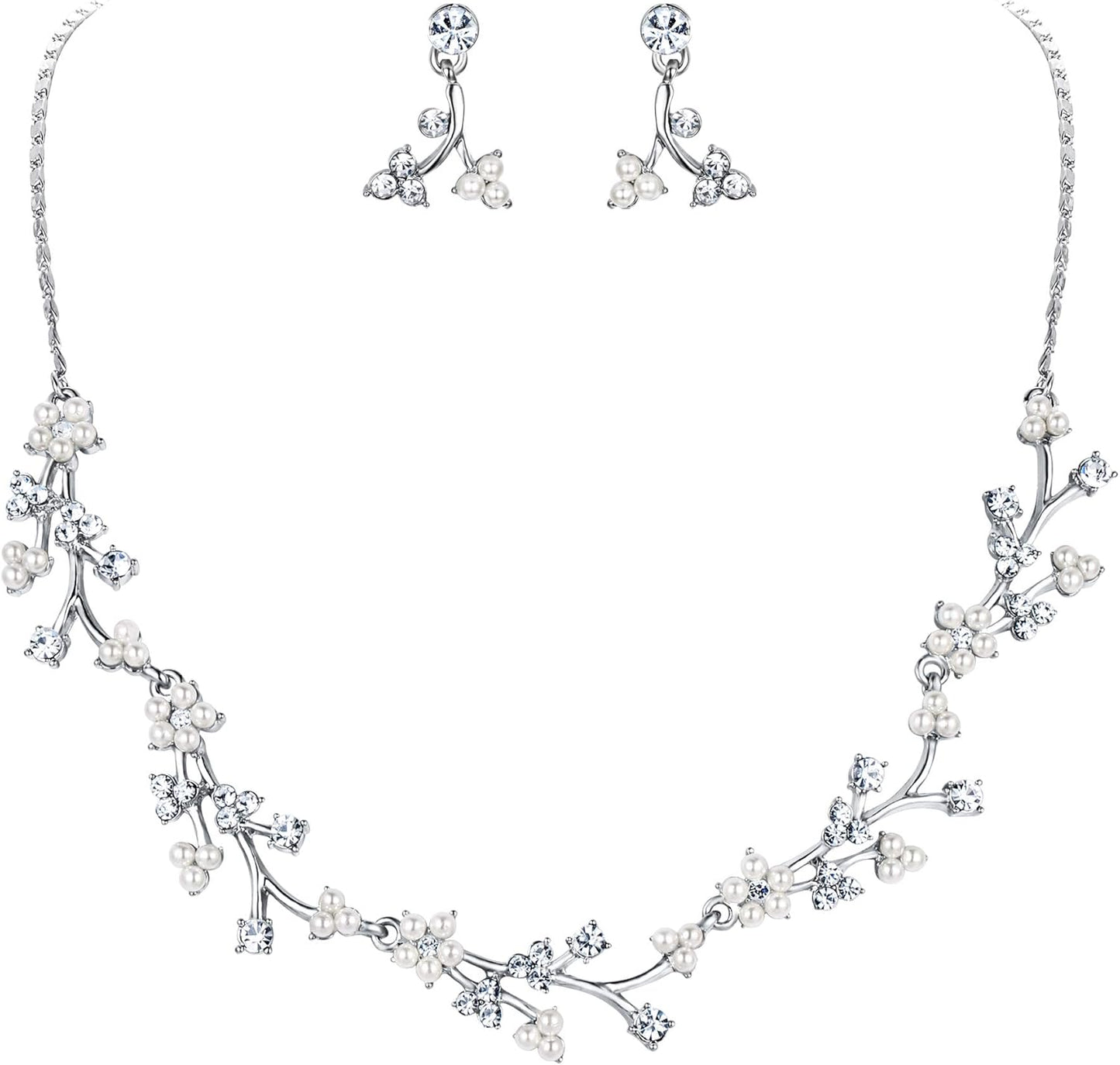 EVER FAITH Bridal Cubic Zirconia Jewelry Sets for Women, White Simulated Pearl Leaf Vine Pendant Wedding Party Necklace Earrings Set for Bridesmaid Bride