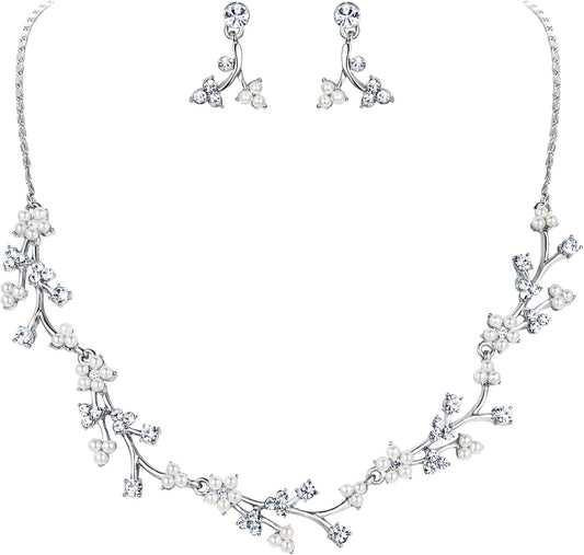 EVER FAITH Bridal Cubic Zirconia Jewelry Sets for Women, White Simulated Pearl Leaf Vine Pendant Wedding Party Necklace Earrings Set for Bridesmaid Bride