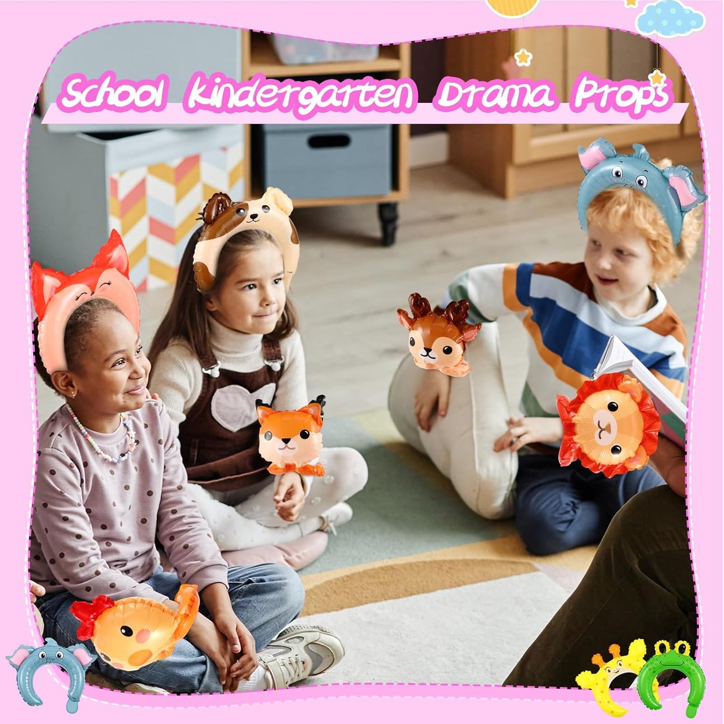 Libima 60 Pcs Zoo Animal Inflatable Party Set, Inflatable Headbands & Wrist Balloons with Manual Air Pump, Cartoon Animal Decor for Kids Birthday, Carnival, Christmas, School Classroom Activities