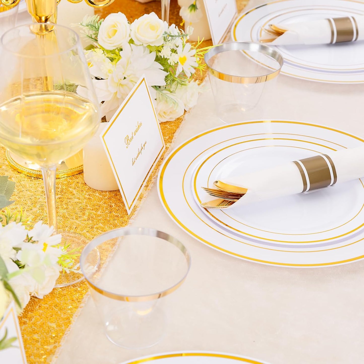 DaYammi 350PCS Gold Plastic Dinnerware Set for 50 Guests, Thanksgiving Plates Disposable, Include: 50 Dinner Plates, 50 Dessert Plates, 50 Pre Rolled Napkins with Gold Silverware, 50 Cups