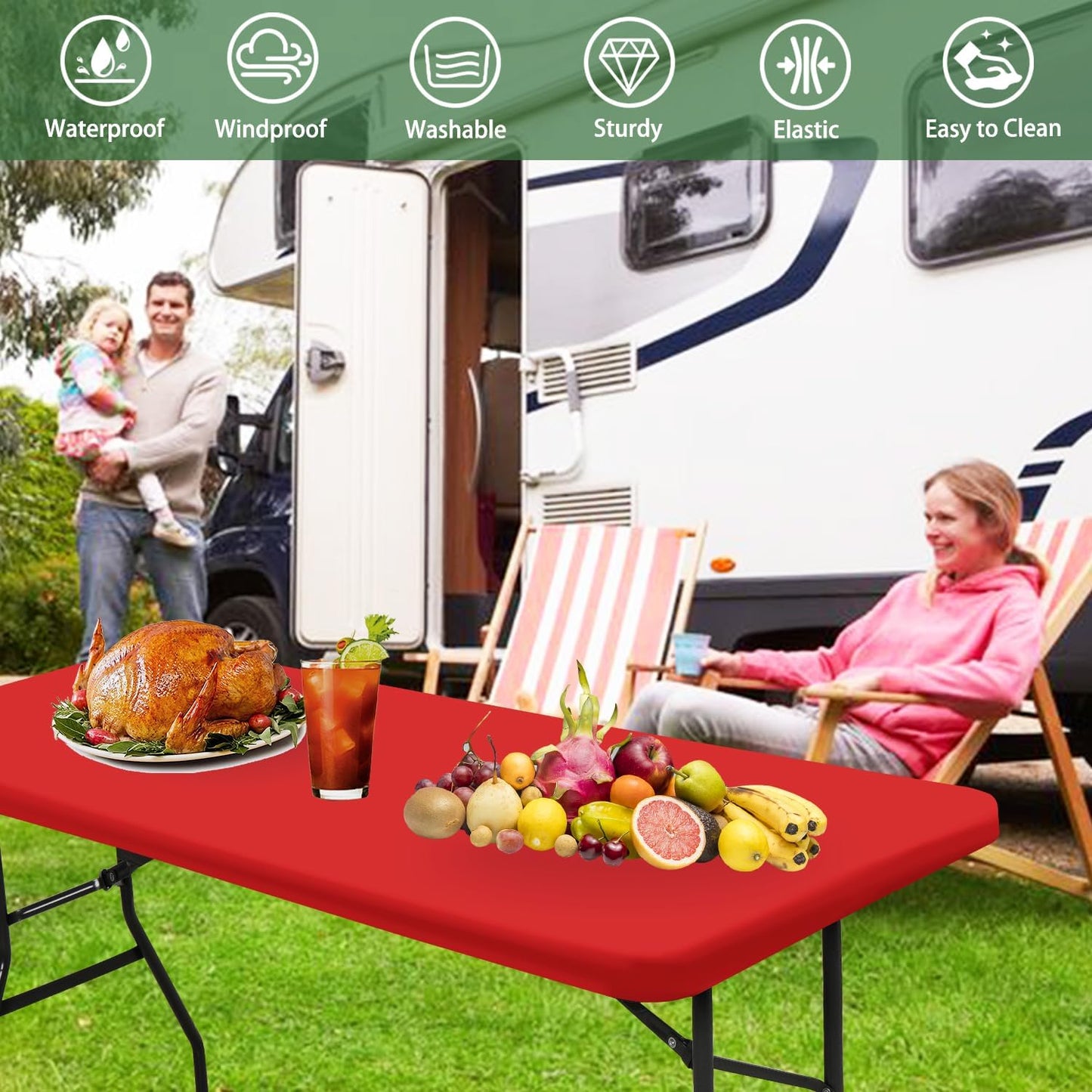 10 Pack Picnic Fitted Table Cover for 6 Foot Tablecloth for Rectangle Tables Waterproof Stretch Washable Folding Indoor and Outdoor Spandex Table Cloth for Camping Banquet and Parties (Red,30" x 72")