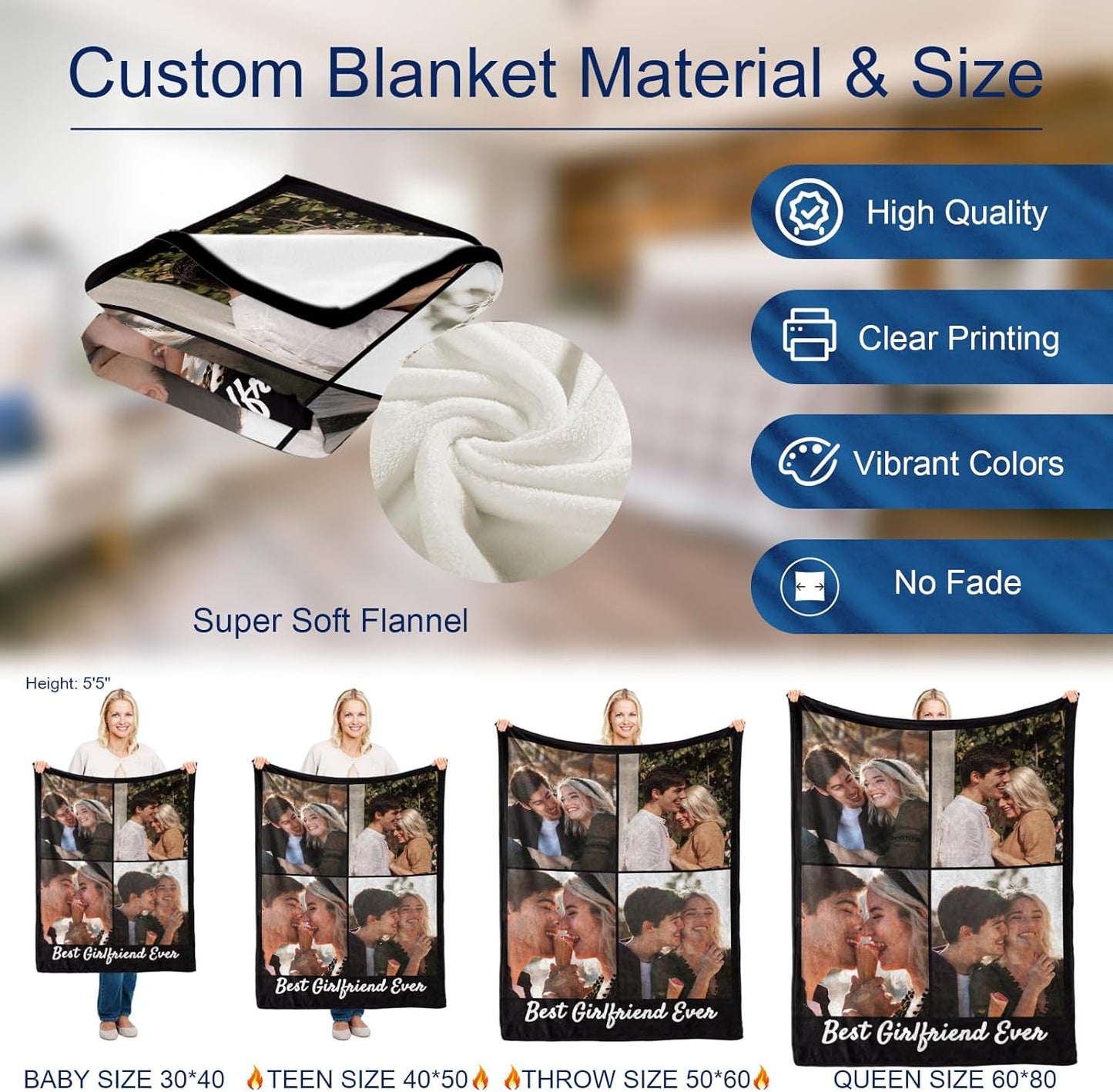 MeMoShe Custom Blanket with Picture Personalized Photo Blanket Wedding Gifts for Couples Husband Wife Customized Blanket I Love You for Girlfriend Boyfriend-4 Photos