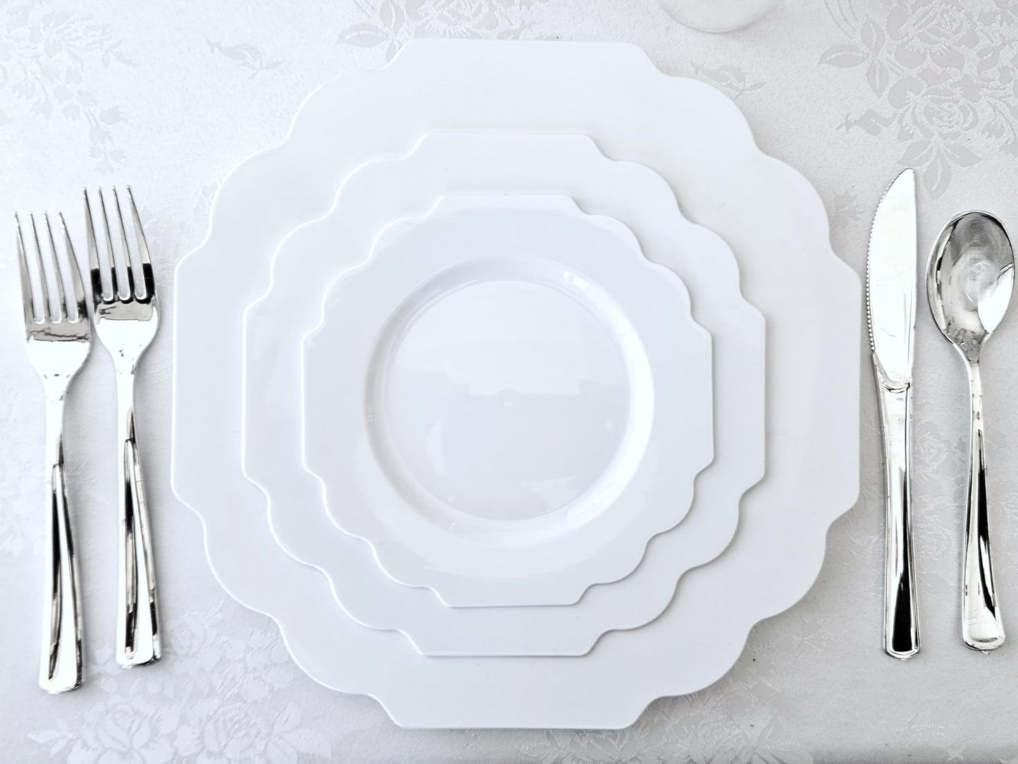 " OCCASIONS " 50 Plates Pack (25 Guests)-Heavyweight Wedding Party Disposable Plastic Plate Set -(25x10.5'' Dinner + 25x8'' Salad/Dessert) (Imperial in White)