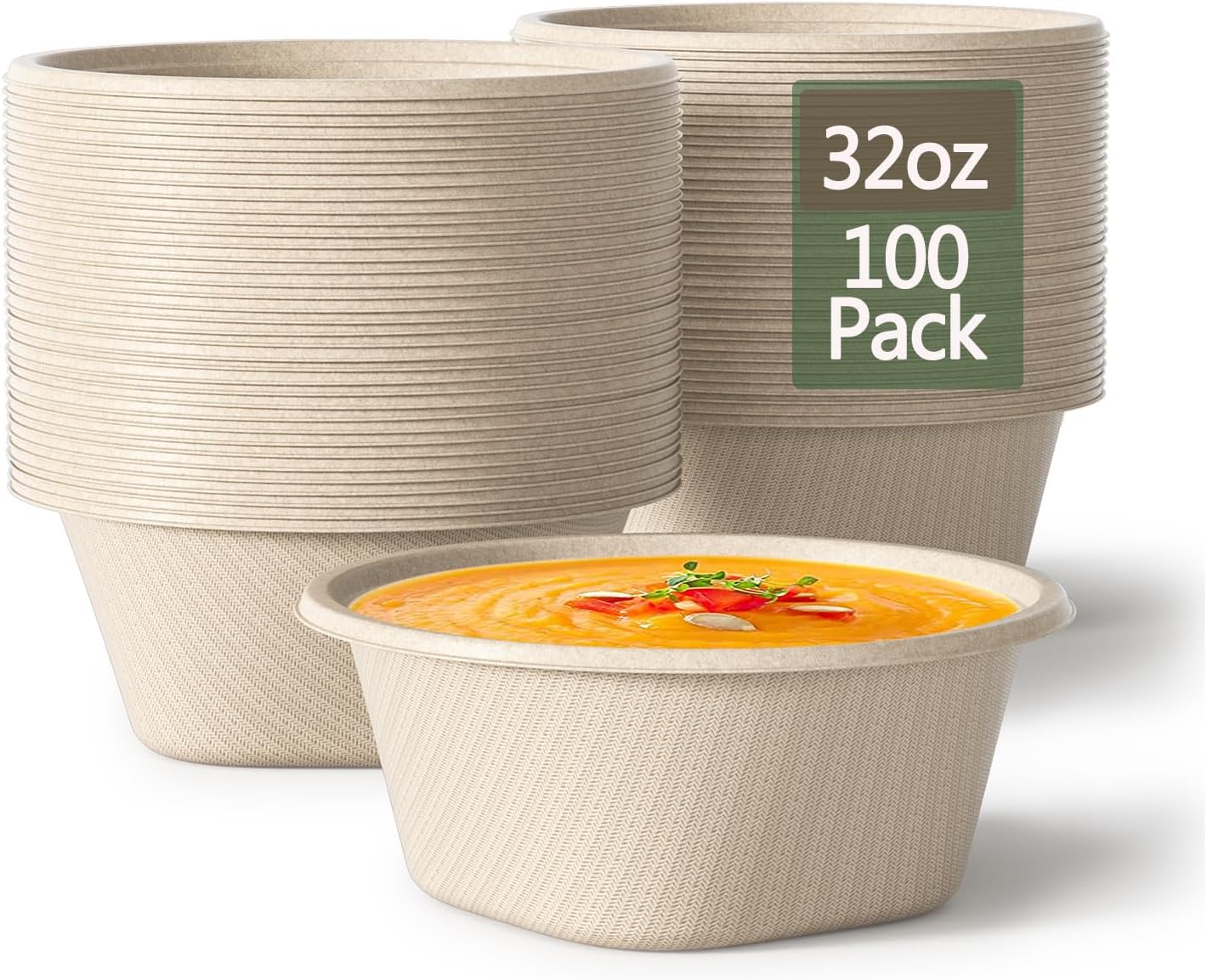 32 Ounce Large Paper Bowls Disposable Soup Bowl Disposable Heavy Duty Compostable Bowls, Eco-friendly Sugarcane and Bamboo Bagasse Biodegradable Bowl for Soup, Salad, Dessert, Ice Cream [100 Pack]