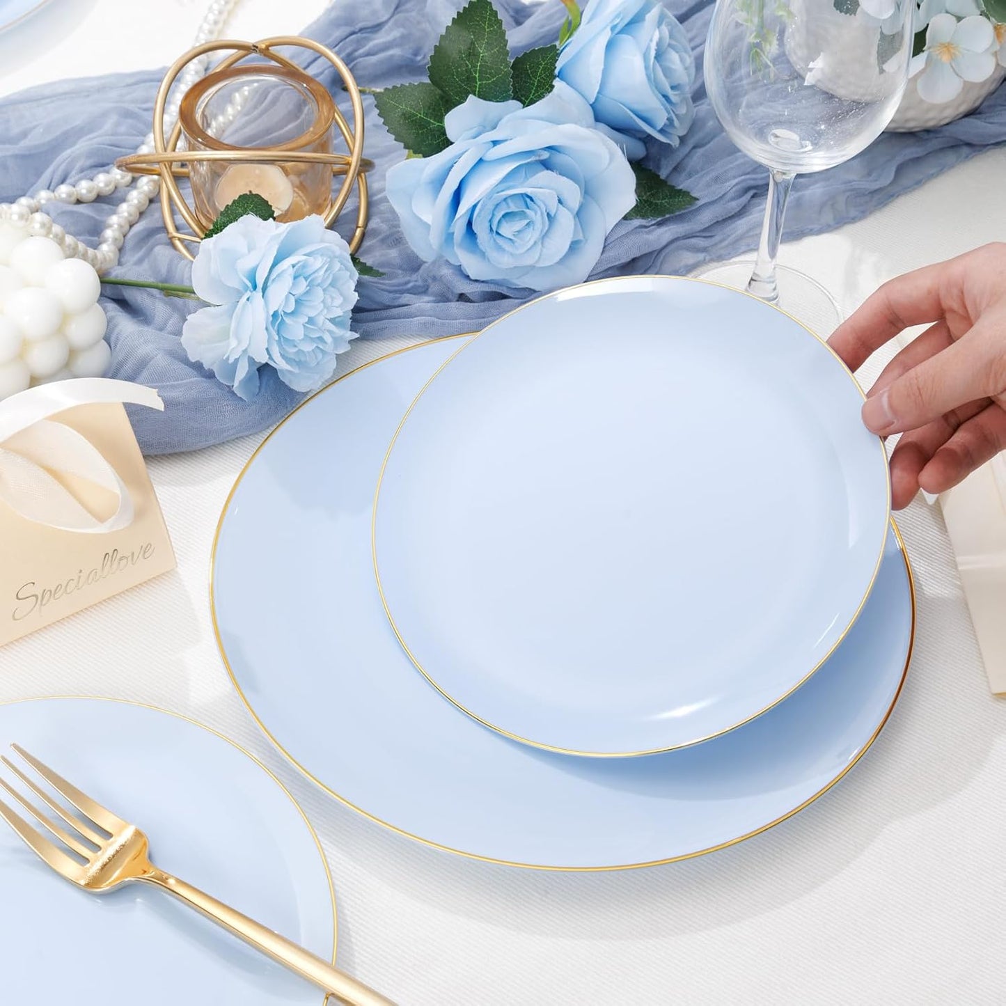 PULOTE 100PCS Blue Plastic Plates - Disposable Light Blue Include 50 Dinner & 50 Dessert/Salad Plates for Party, Wedding & Easter