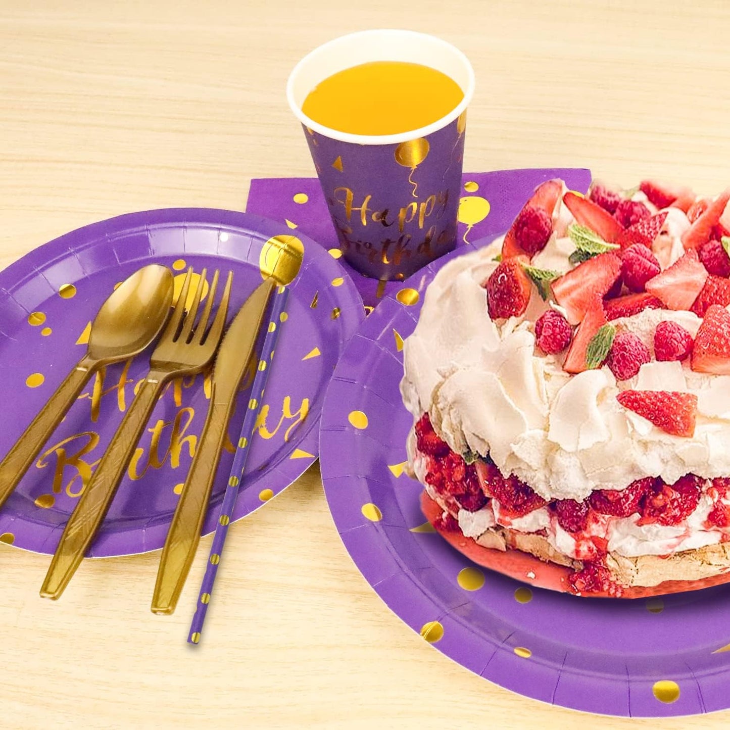 200 Pieces Gold Disposable Party Dinnerware Set &Disposable Purple Birthday Party Dinnerware - Purple Paper Plates Napkins Cups, Gold Plastic Forks Knives Spoons Straws