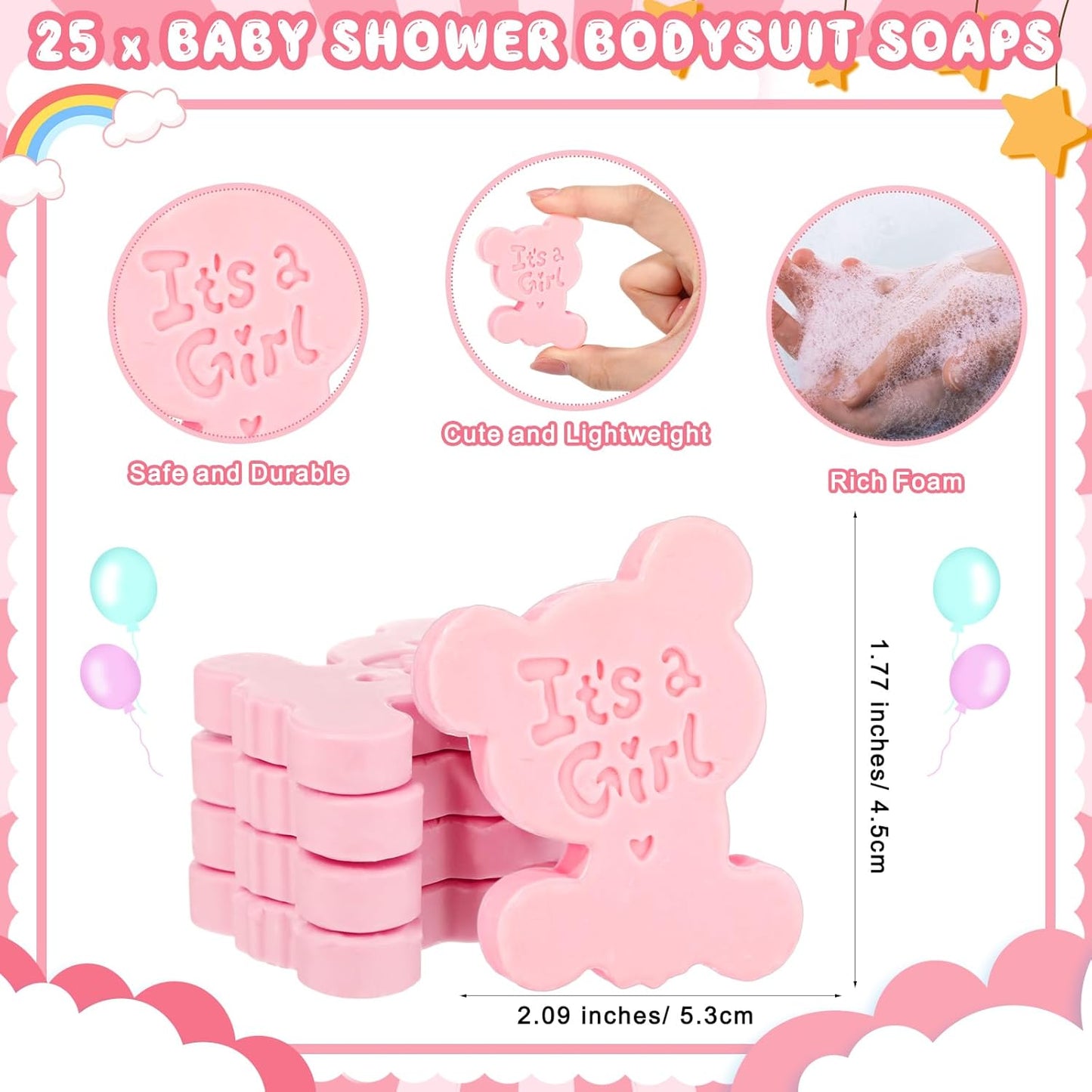 25 Sets Baby Shower Soap Favors for Guests Girl Boy Mini Footprint Handmade Scented Soaps with Thank You Tags and Organza Bags for Shower Gender Reveal Party Favors (Pink,Bear)