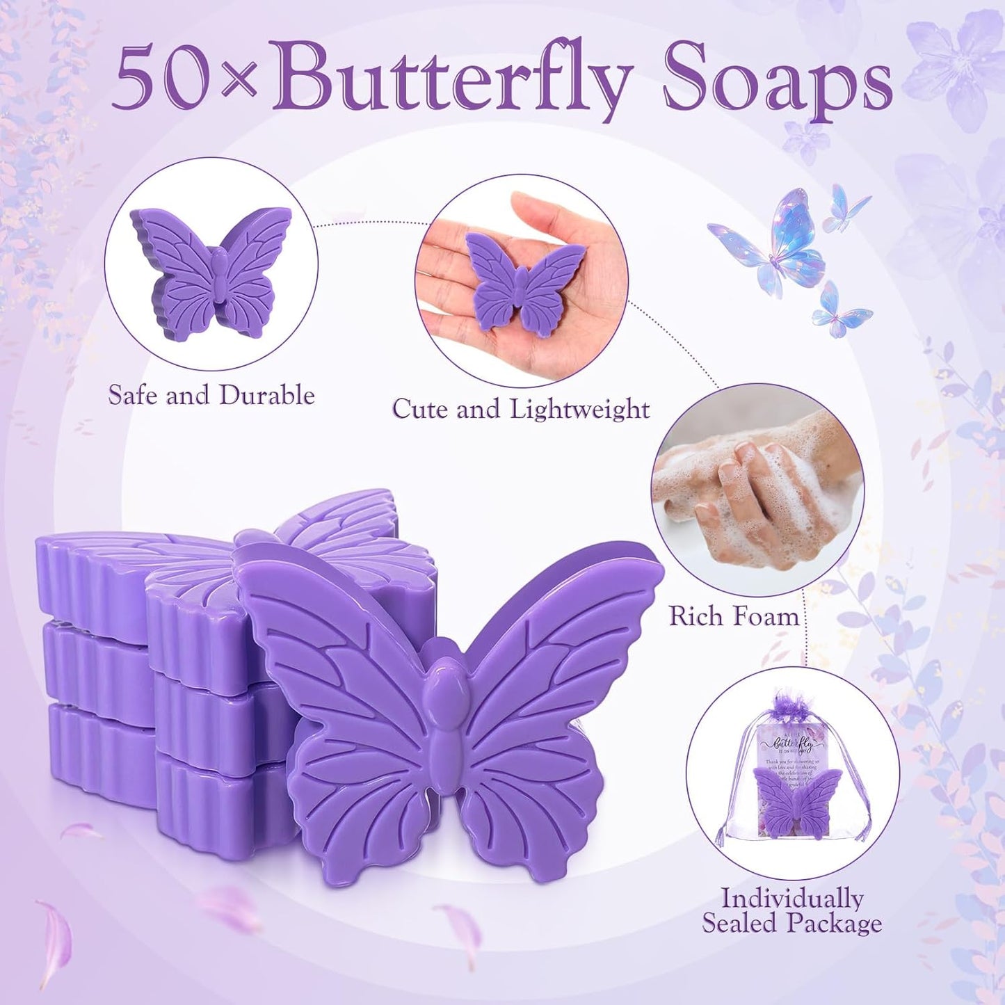 50 Sets Butterfly Themed Baby Shower Favors Butterfly Soap with Thank You Cards Gift Bag for Guest Gender Reveal Party Decorations Baby Shower Game Prizes Wedding Favor(Purple)