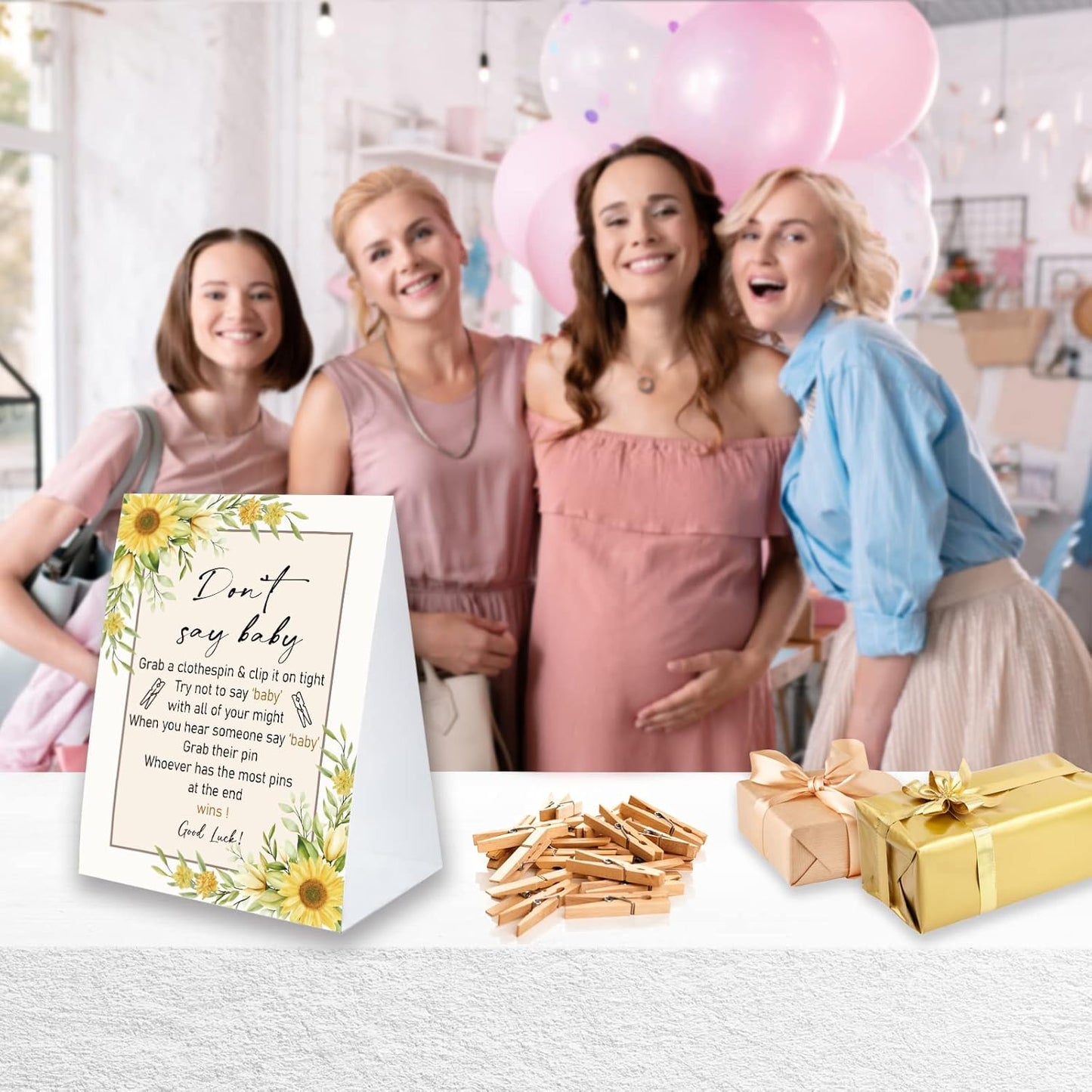 Don't Say Baby Game For Baby Shower Clothespin Game, One 5x7 Coated Paper Sign And 50 Natural Clothespins, Sunflower Theme, Gender Neutral -NDSBB11