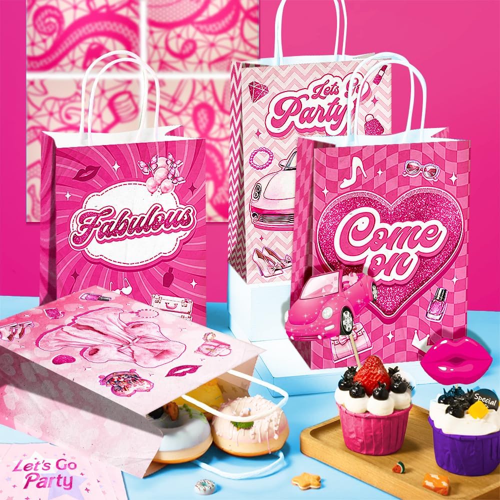 24 Pcs Princess Party Favor Bags with Handles - Pink Goodie Bags Gift Bags. Princess Theme Candy Bags for Kids, Kraft Paper Bags for Birthday Party Supplies and Baby Shower Decorations.