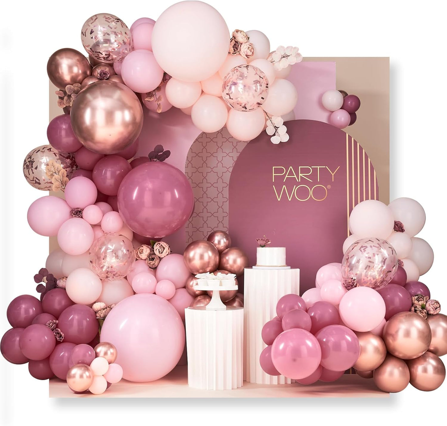 PartyWoo Dusty Rose Balloon Arch Kit, 140 pcs Pink Balloon Garland Kit, Rose Gold Balloons, Metallic Balloons for Dusty Pink Birthday Decorations Women, Bridal Shower, Wedding, Bachelorette Party
