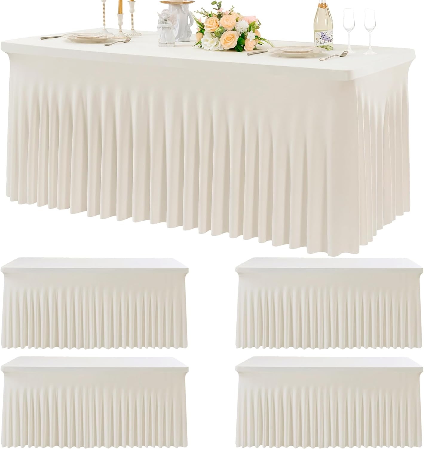 4pk Spandex Ivory Tablecloths for 6 Foot Rectangle Tables, Stretch Table Cloth 6ft Fitted Tablecover Skirt for Parties Weddings Birthday Banquet Baby Shower