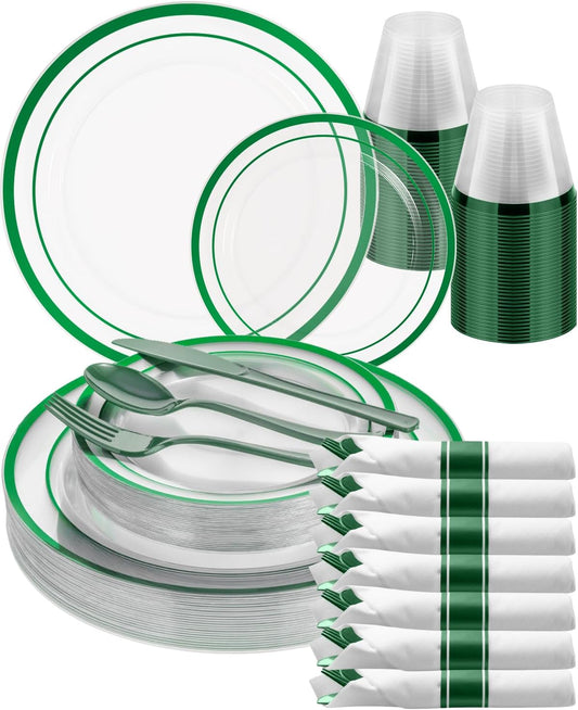 Goodluck 175 Piece Green Plastic Plates, Clear Plastic Silverware Disposable Plates Set, Include 50Plates, 25Pack Pre Rolled Napkins with Silverware, 25Cups for Party, Wedding, Graduation