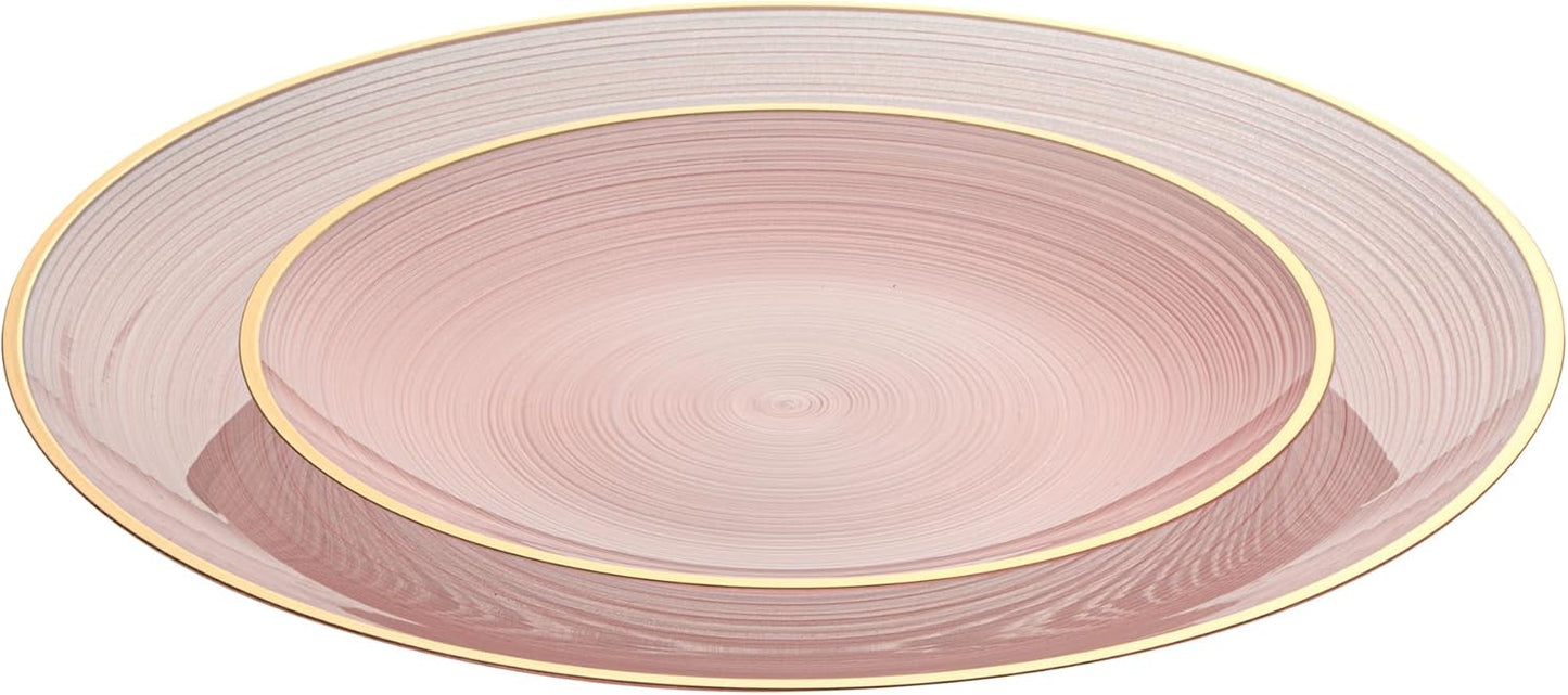 Restaurantware Plastic Plates 40 Pcs 7.13" and 10" Combo Gold Rimmed Plate Set Disposable Heavy-Duty Pink Translucent Rippled Plastic Dinner Servers for Party, Weddings, Salads, Desserts