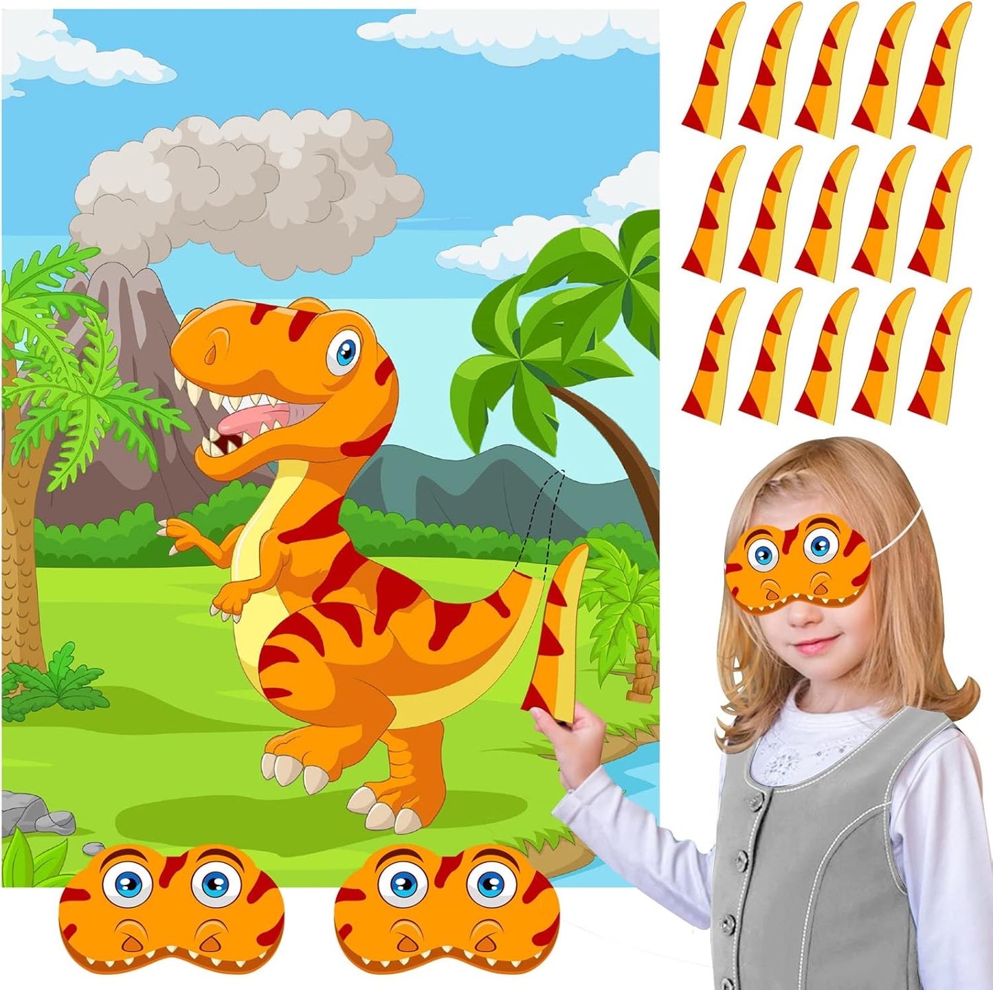 NEBURORA Pin The Tail on The Dinosaur Party Game with 30 Tails for Birthday Christmas Party Supplies, Boys Girls Decorations, Home Wall Decor