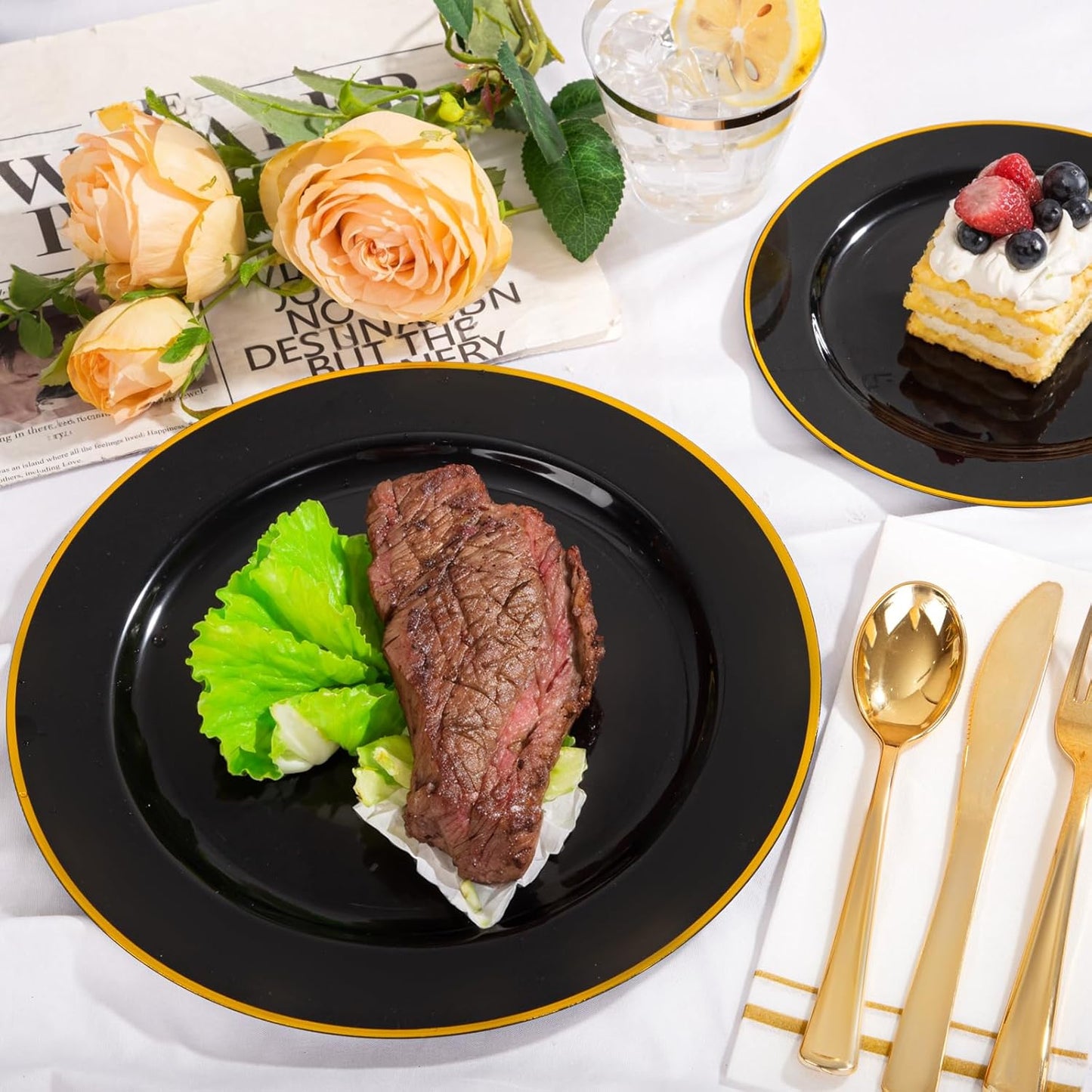 SUT 175 Piece Black and Glod Plastic Dinnerware Set for 25 Guests, Disposable Plastic Plates, Include: 25 Dinner Plates, 25 Dessert Plates, 25 Pre Rolled Napkins with Silver Silverware, 25 Cups