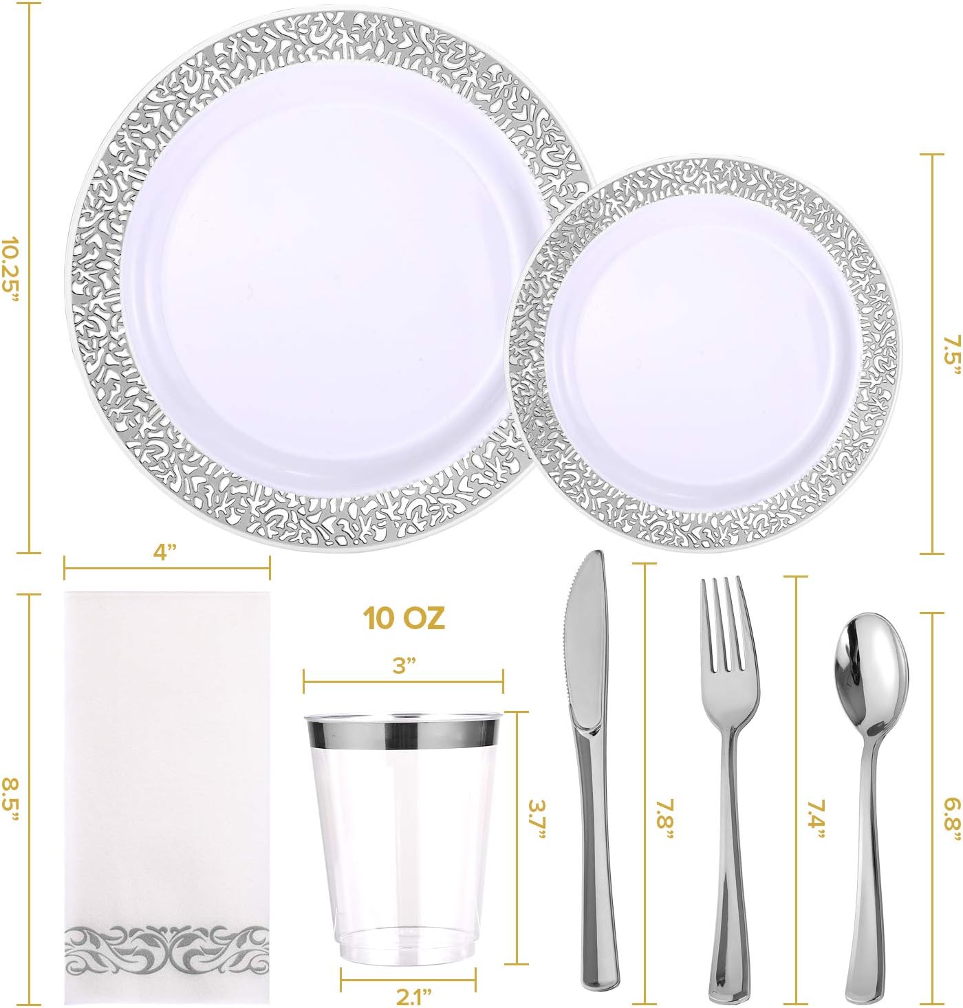 FOCUSLINE 175 Ct Silver Dinnerware Set for 25 Guests, Plastic Plates with Silver Lace Rim Design, Including 25 Disposable Dinner & Dessert Plates, Cups, Napkins, Cutlery Set