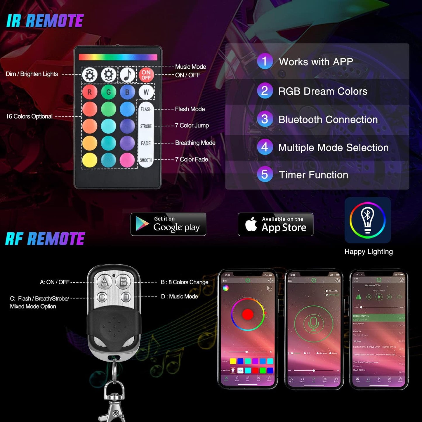 Nilight 8PCS Motorcycle RGB Led Light Kit Waterproof Multi Color Atmosphere Neon Accent APP and Remote Control Underbody Strips for Harley Davidson Honda Kawasaki Suzuki