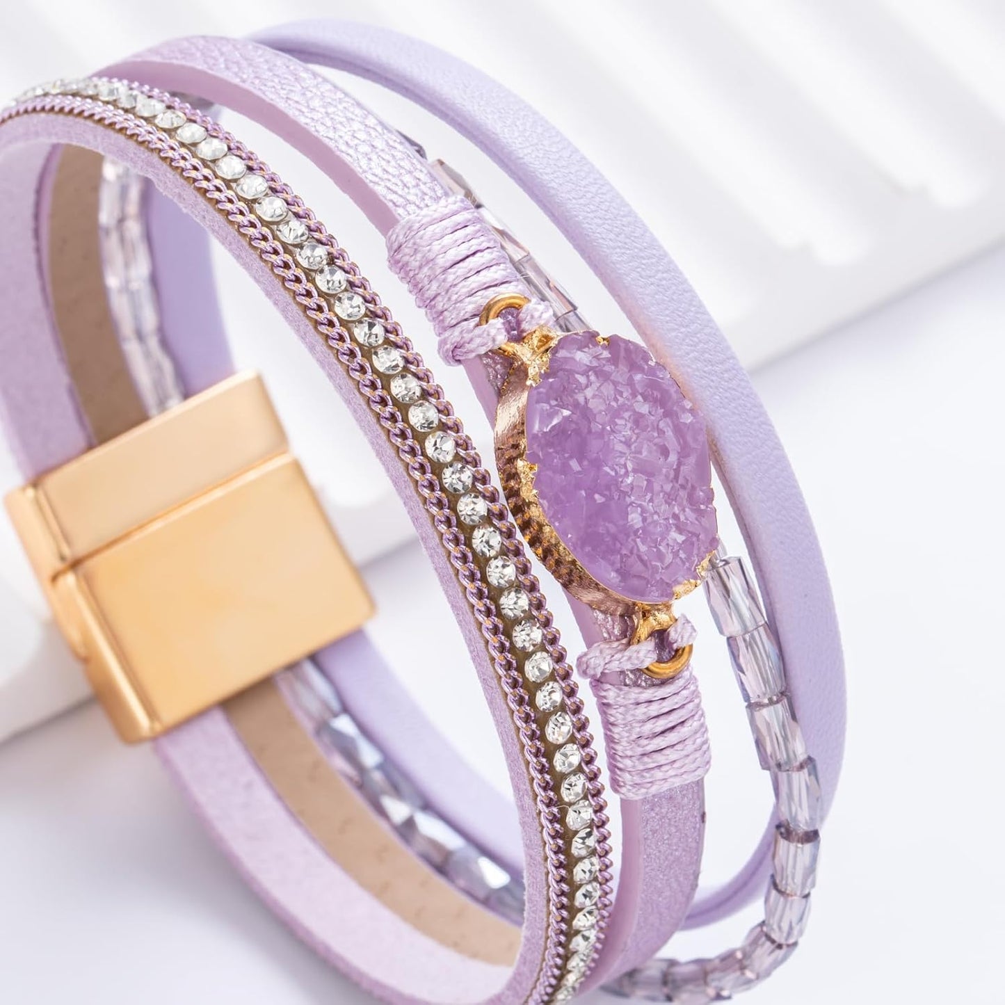 FANCY SHINY Leather Wrap Bracelet Boho Cuff Bangle Bracelets Crystal Bead Bracelet with Magnetic Clasp Jewelry Gifts for Women