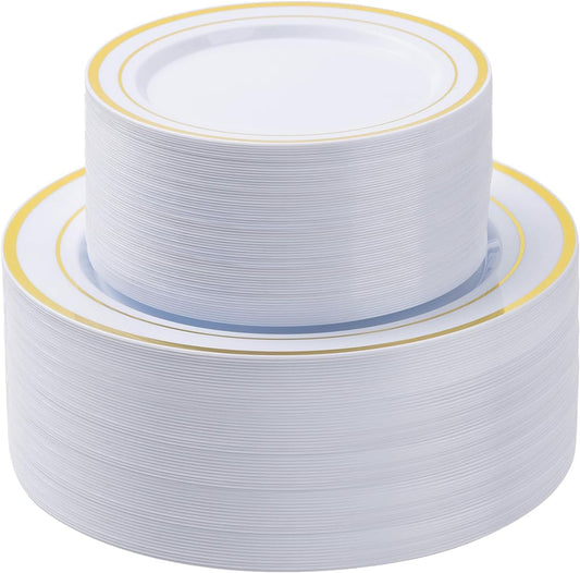 100PCS White Plastic Plates Set with Gold Rim, 50 10.25 inch Heavy Duty Dinner Plate and 50 7.5 inch Dessert Appetizer Plates, Premium Disposable Plates for Party, Wedding, Birthday