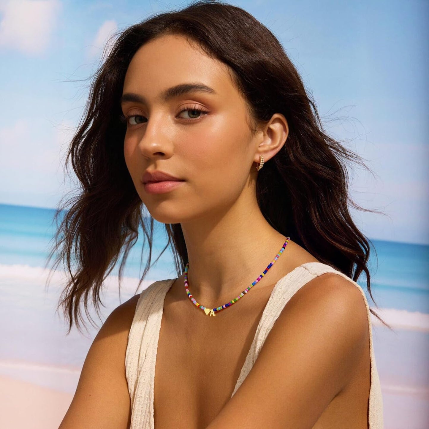 Turandoss Colorful Beaded Initial Necklaces for Women Girls, 14K-Gold-Plated Heart Letter A-Z Pendant Dainty Summer Jewelry Personalized Birthday Gifts for Teen Girls