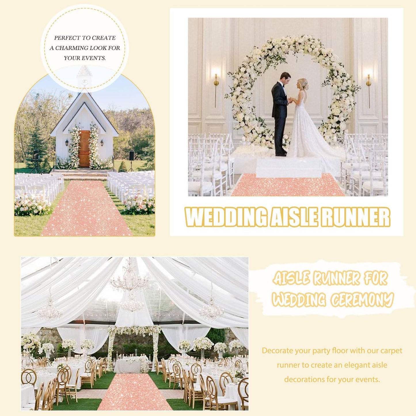 FUHSY Rose Gold Wedding Aisle Runner Sequin Aisle Runners for Weddings 4FT x 15FT Glitter Carpet Runner Rug Wedding Floor Runners Glitter Runway Carpet for Ceremony Bridal Shower Decoration