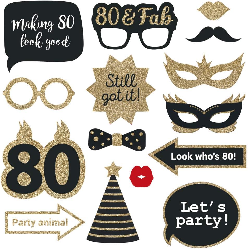 Fully Assembled 80th Birthday Photo Booth Props - Set of 30 - Black & Gold Selfie Signs - 80th Party Supplies & Decorations - Cute Bday Designs with Real Glitter - Did We Mention No DIY