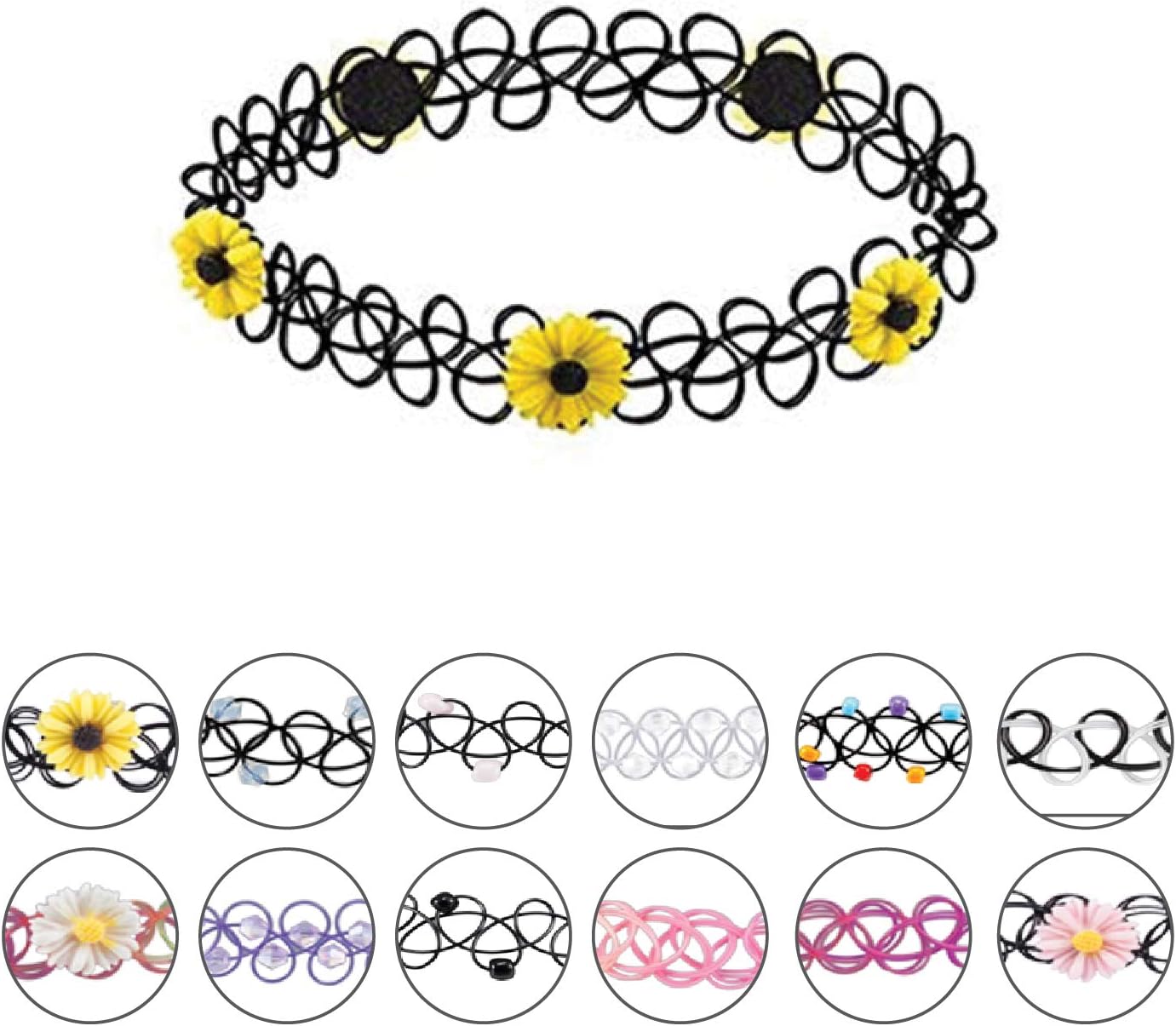 BodyJ4You 24PC Tattoo Choker Necklace - 90s Choker Necklaces Y2K Fashion Trendy Vintage - Daisy Flower Charm Colorful Rainbow Black Goth Pendant - Stretchy Elastic Necklace Summer Gift Set