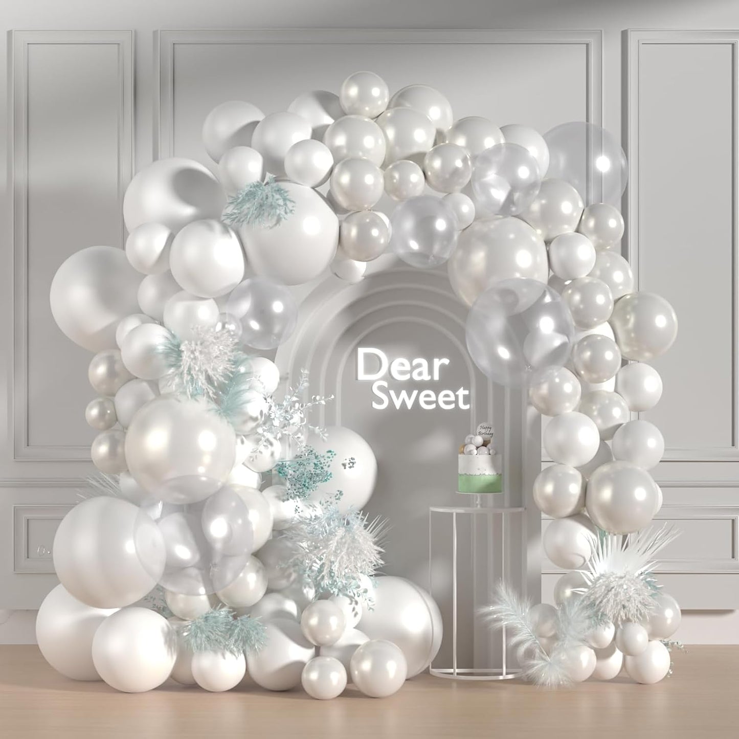 168Pcs Pearl White Balloon Garland Arch Kit, Double Stuffed White Balloons with Pearl Stickers for Birthday Wedding Baby Shower Bridal Shower Engagement Party Decorations