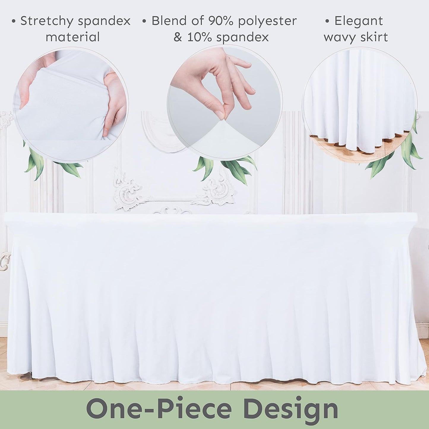 Table Skirt for Rectangular Tables 8ft - Wedding Spandex Covers for Standard 8 Foot Table - One Piece Fitted Stretchy Tablecloth - Wrinkle Resistant Ruffles Great for Party,Banquet (8 ft, White)