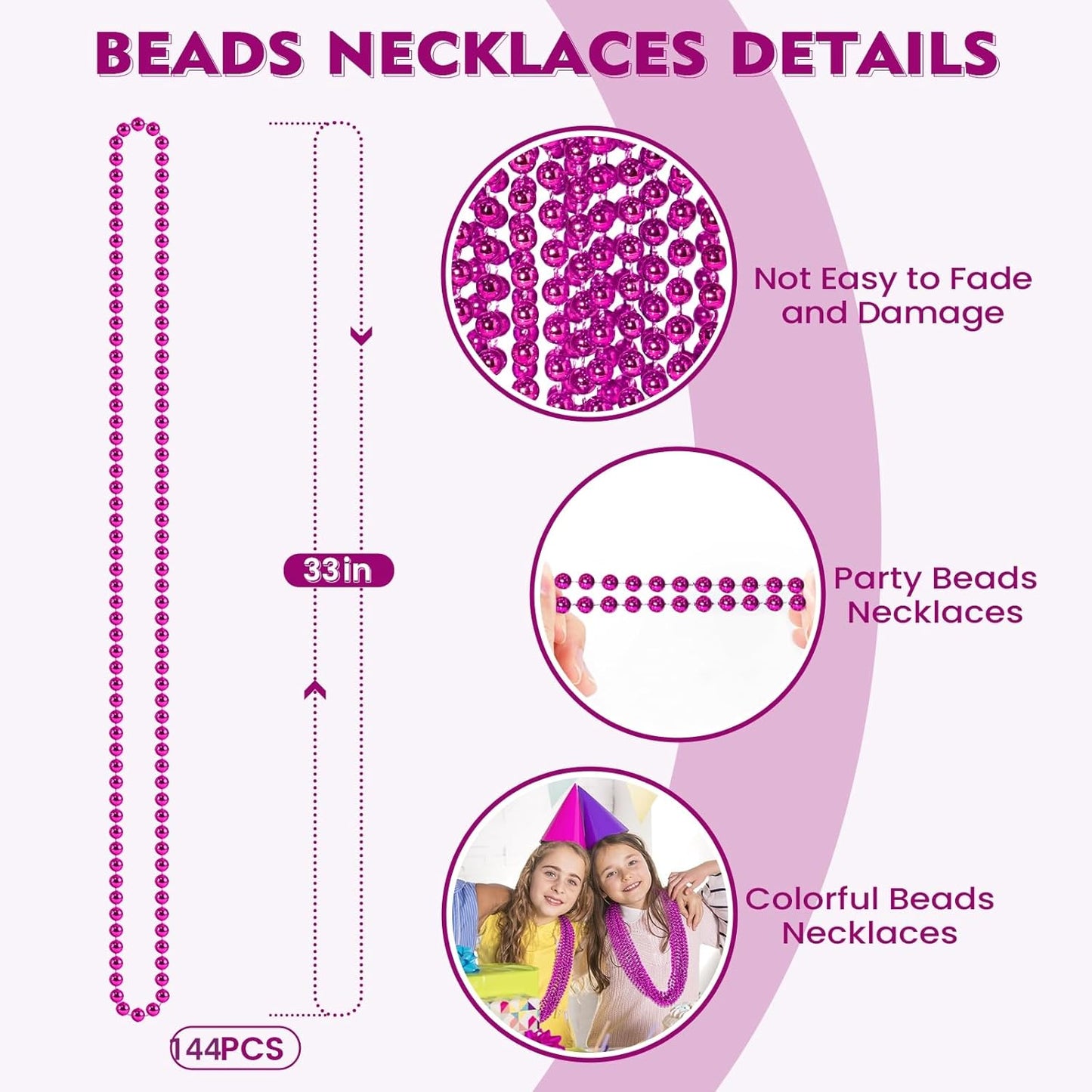 SHAOQINLIN 144 PCS Breast Cancer Awareness Necklaces, Hot Pink Bead Necklace, 33" Pink Mardi Gras Beads, Breast Cancer Awareness Accessories for Parade Supplies