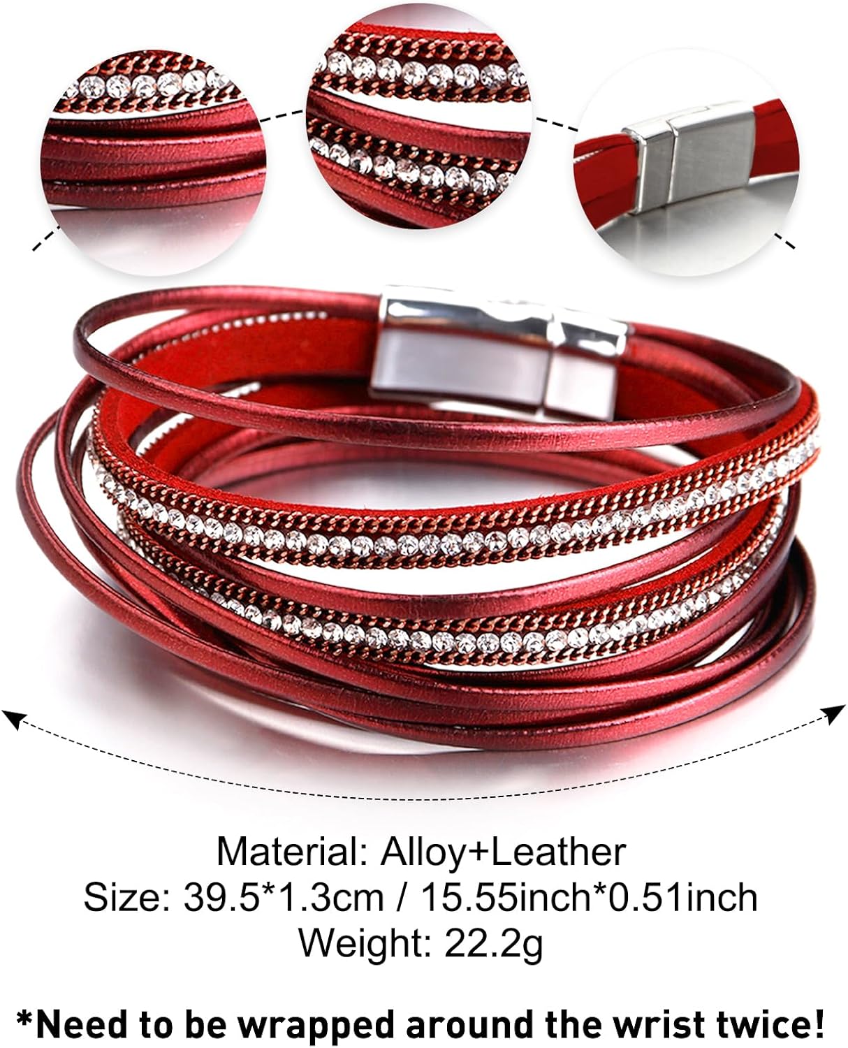 Fesciory Leather Wrap Bracelets for Women, Boho Leopard Multi-Layer Crystal Beads Cuff Bracelet Jewelry