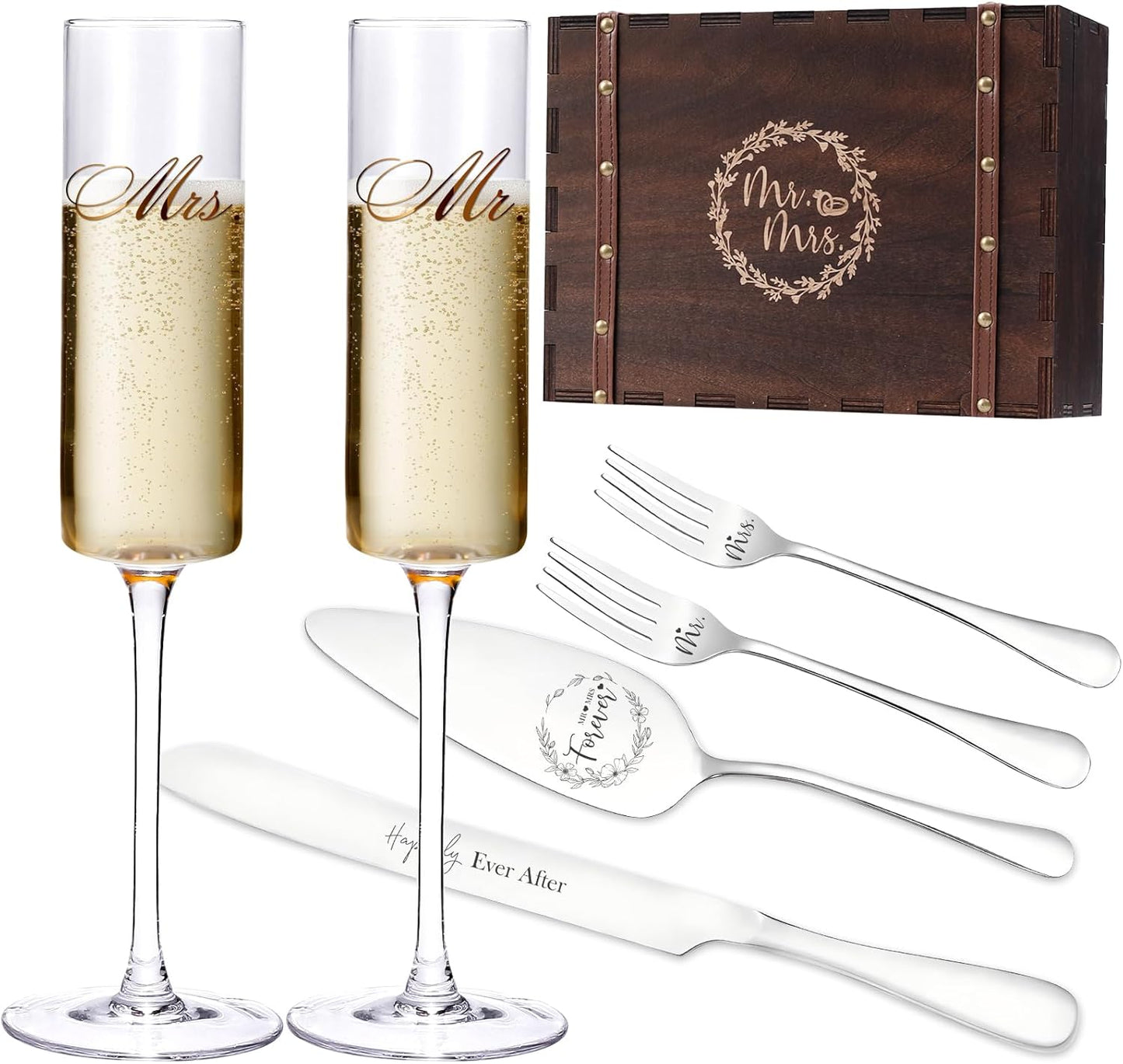 Wedding Champagne Flutes Cake Knife and Server set,mr. and mrs. Champagne Flutes for Newly engagement,Bridal Shower Gifts,Wedding Gifts Engagement present for couple