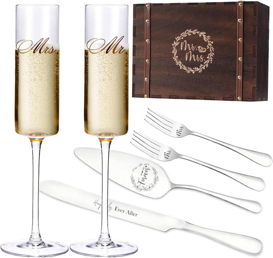 Wedding Champagne Flutes Cake Knife and Server set,mr. and mrs. Champagne Flutes for Newly engagement,Bridal Shower Gifts,Wedding Gifts Engagement present for couple