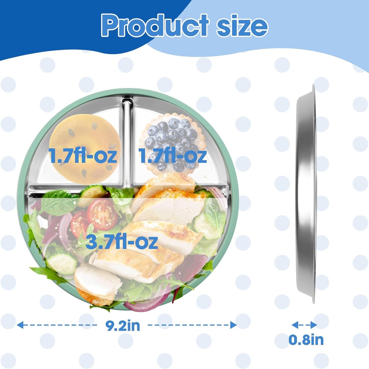 Stainless Steel Kids Plates with Suction (4 Pack, Multicolor) –9 Inch Divided Toddler Plates with Extra-Large One-Piece Silicone Suction Base | Dinner & Snack Plates | BPA-Free