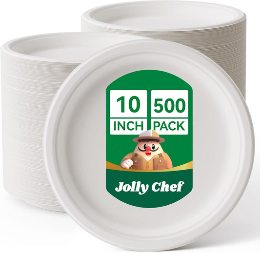 JOLLY CHEF Compostable Heavy Duty Plates 𝟭𝟬 𝗜𝗻𝗰𝗵 [𝟱𝟬𝟬 𝗣𝗮𝗰𝗸] Eco-Friendly Disposable White Paper Plates Made of Bagasse Biodegradable Bulk for Party Dinner Sugarcane Thanksgiving Day
