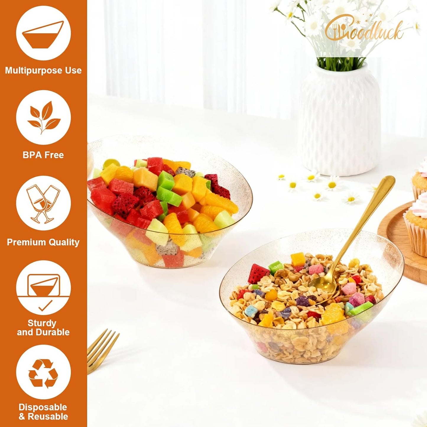 Goodluck 5 Pack Gold Glitter Plastic Serving Bowls for Party - 20 OZ Angled Disposable Serving Bowls for Wedding Party Chip, Candy, Salad & Fruit