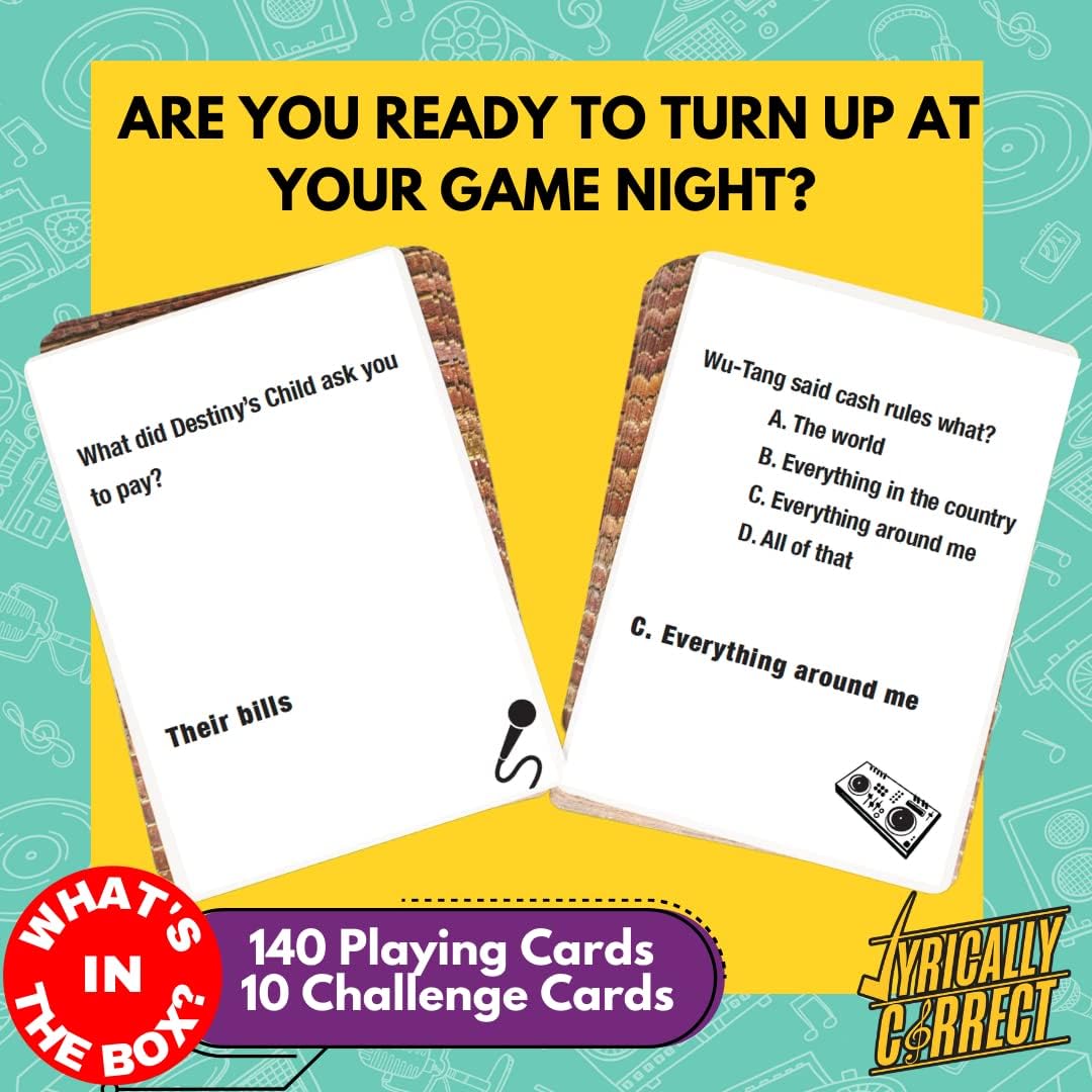Lyrically Correct '90s & 2000s Music Trivia Card Game - Hip Hop and R&B Edition - Finish The Lyrics Challenge, Fun for Adults, Party or Family Night