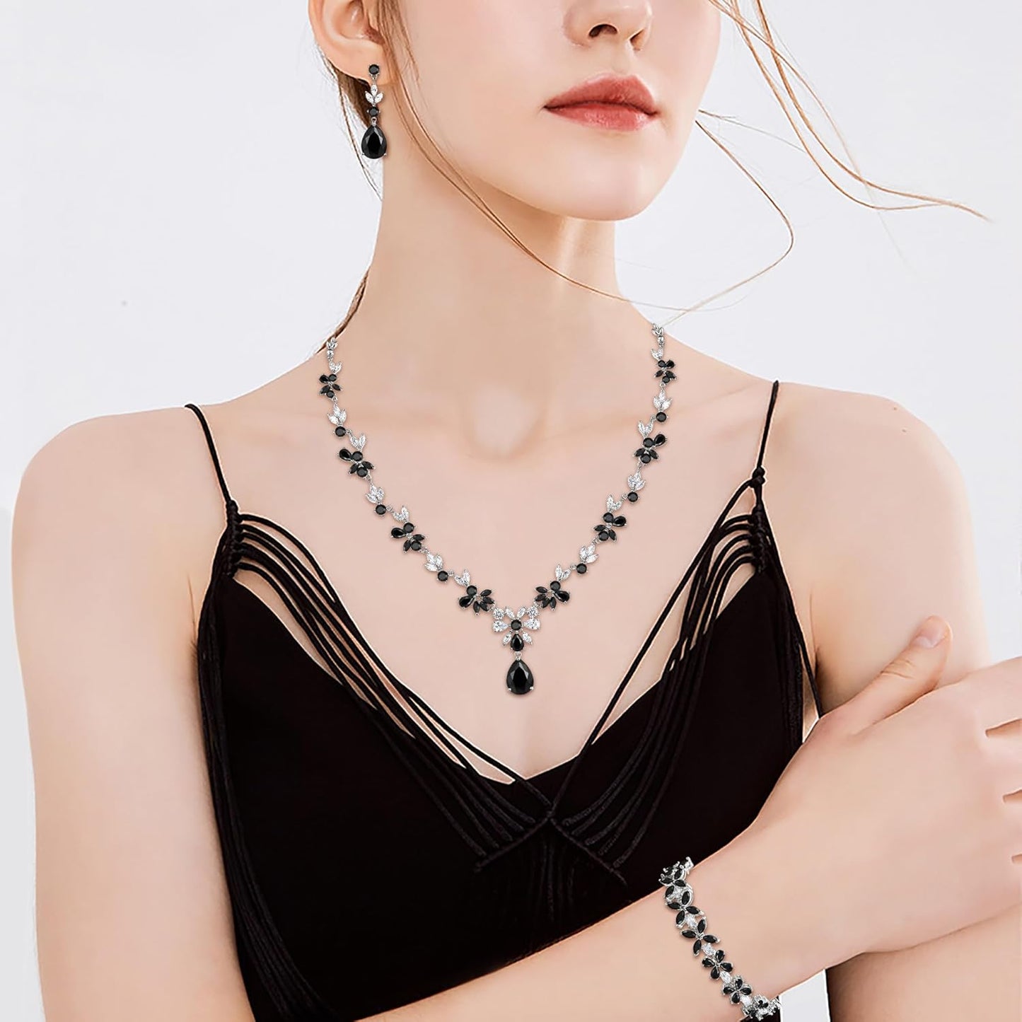 EVER FAITH Bridal Jewelry Set for Bride Bridesmaid, Flower Leaf Teardrop Cubic Zirconia Necklace Dangle Earrings Bracelet Sets Wedding Party for Women