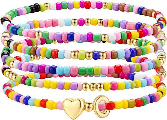 M MOOHAM Stocking Stuffers for Kids Girls Teen - 5PCS Colorful Beaded Initial Bracelets for Women Girls, Cute Stretch Heart Letter Bohemian Stackable Bracelet Birthday Gifts Jewelry for Kids Teen Girl