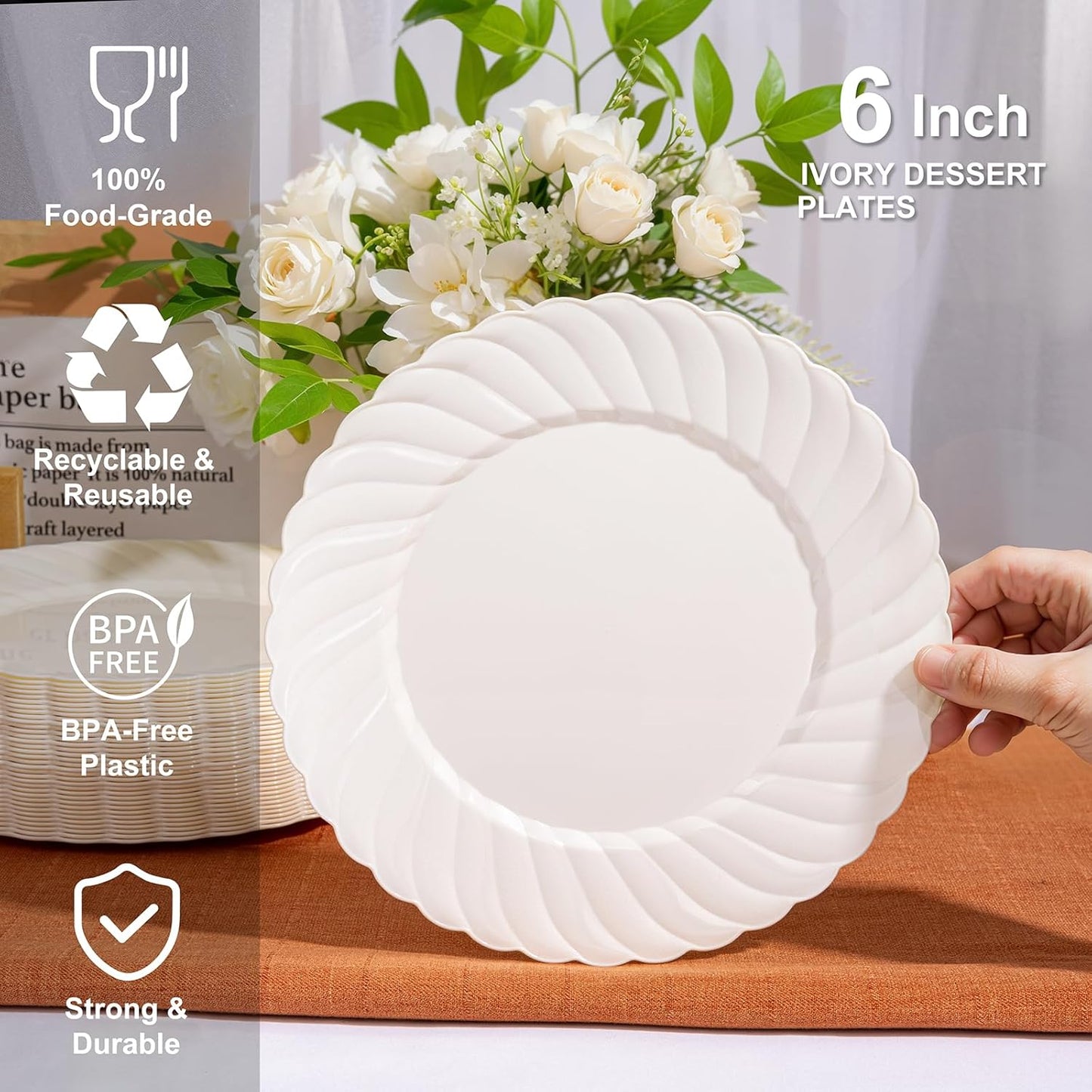 U-QE 100 Count 6 Inch Ivory Plastic Plates - Scalloped Thanksgiving Dessert Plates Disposable - Premium Fancy Disposable Heavy Duty Party Supplies for Thanksgiving, Celebrations, Weddings and Events