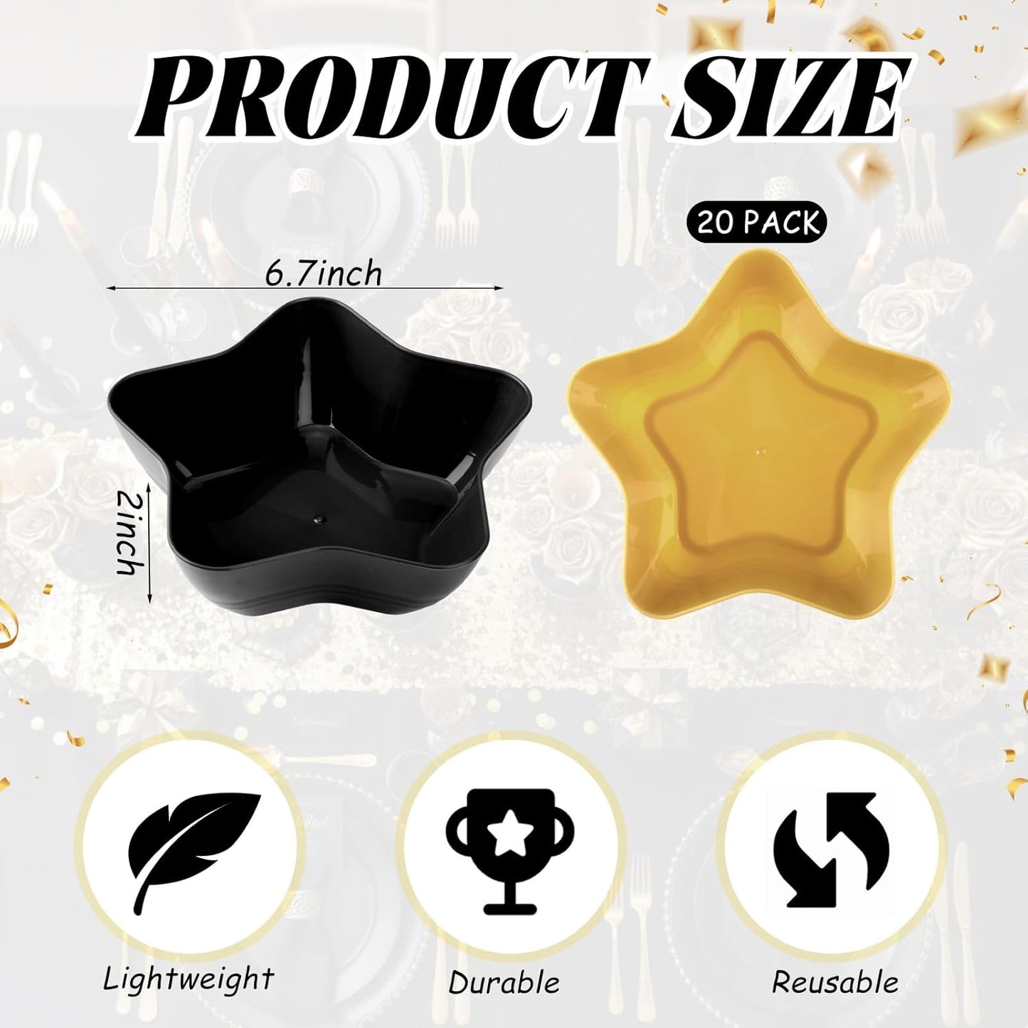 Honeydak 20 Pcs Black and Gold Star Shaped Plastic Bowls Star Dessert Plates Snack Salad Bowl Party Candy Bar Containers Serving Dishes for Chips Buffet Salad